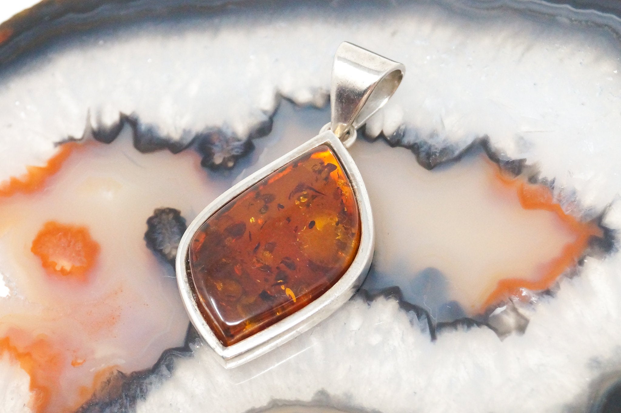 Vintage Amber Modernist Sterling Silver Necklace Pendant