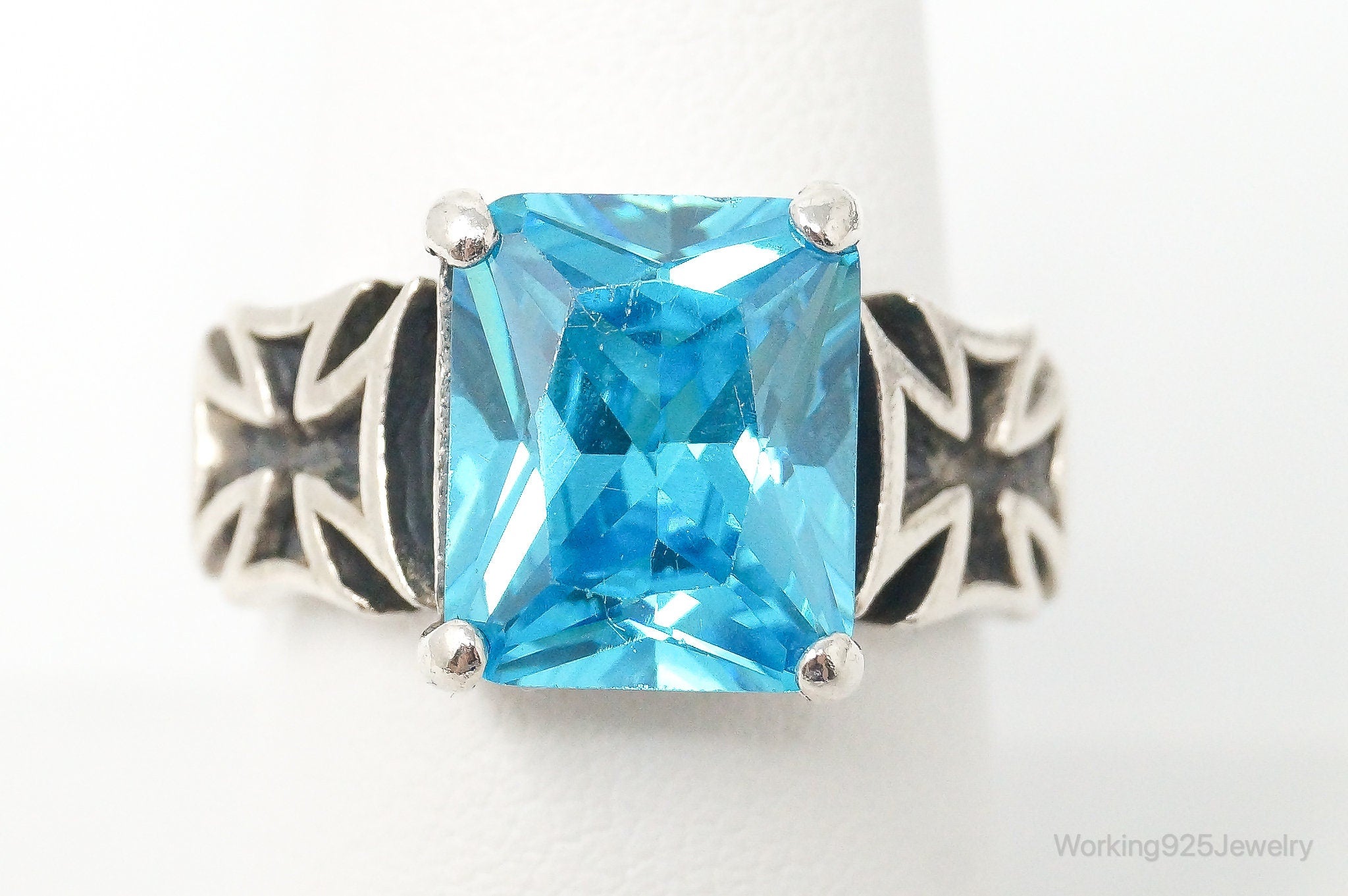 Vintage Large Blue Topaz Sterling Silver Statement Ring - Size 8.75