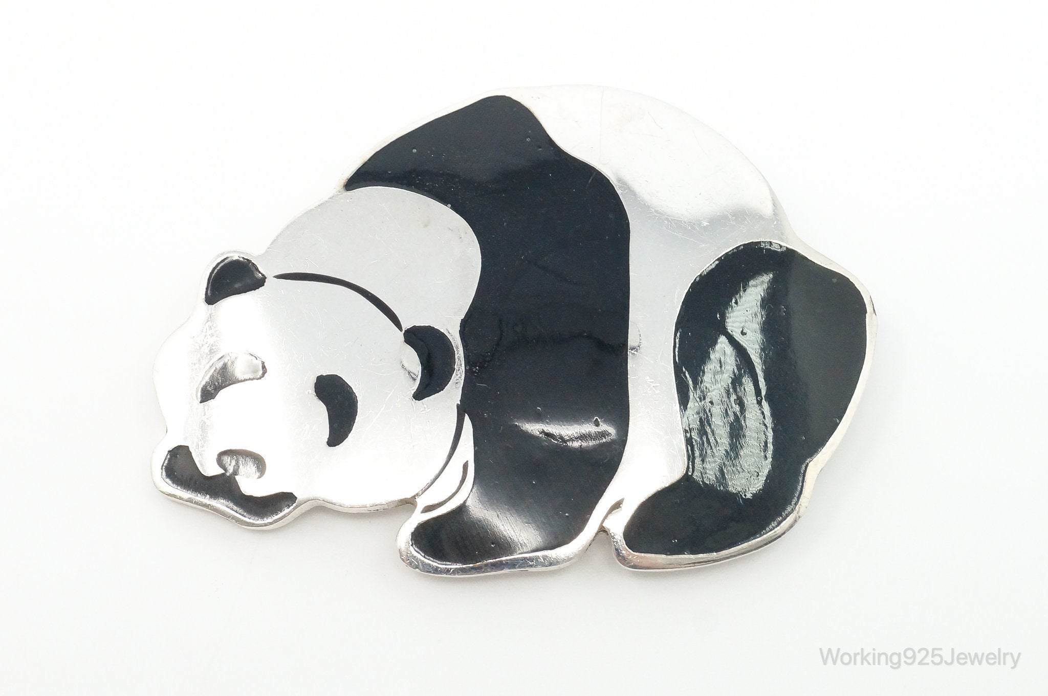 Large Vintage Mexico Enamel Panda Sterling Silver Brooch Pendant