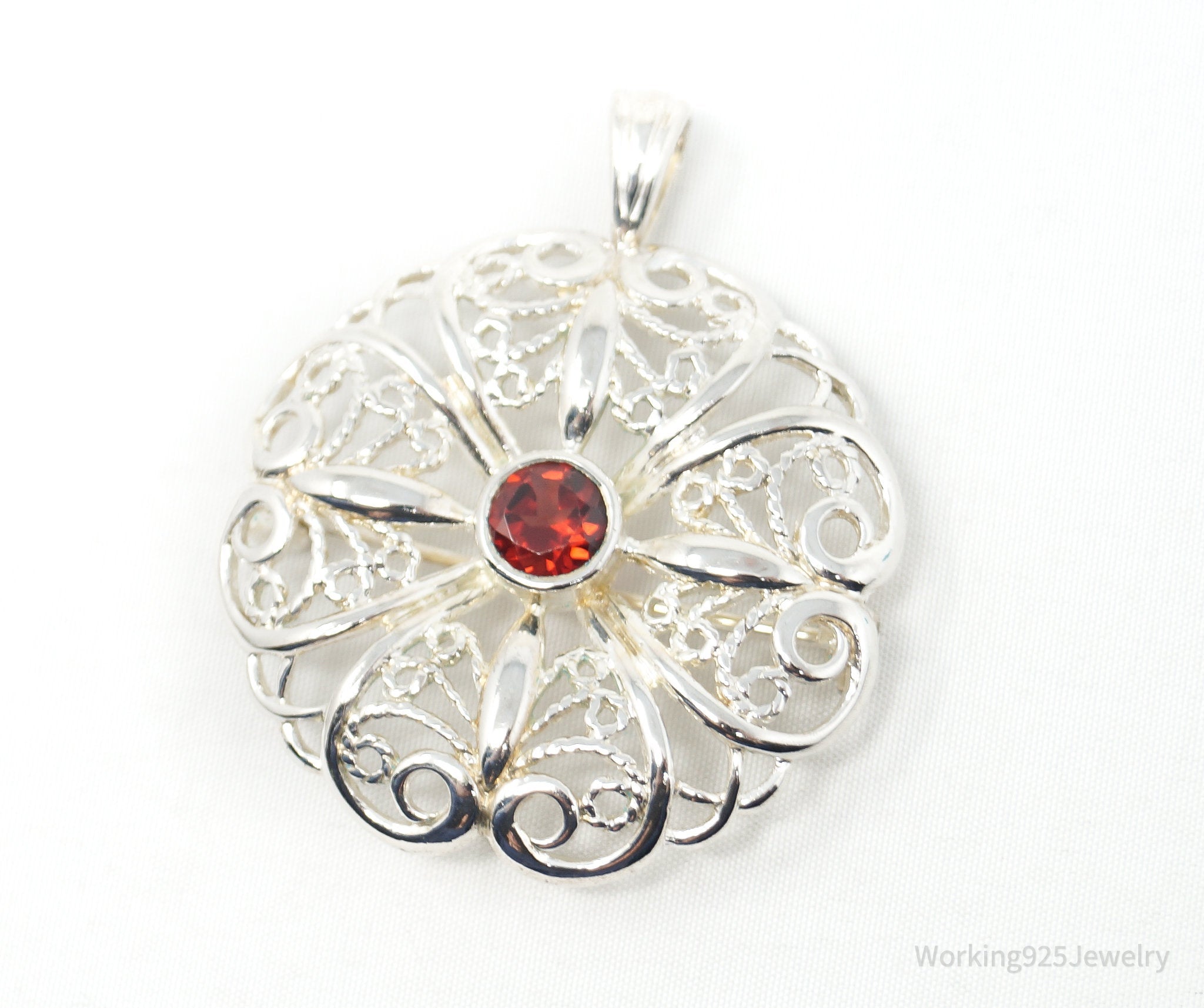 Large Vintage Red Garnet Floral Sterling Silver Brooch Pendant