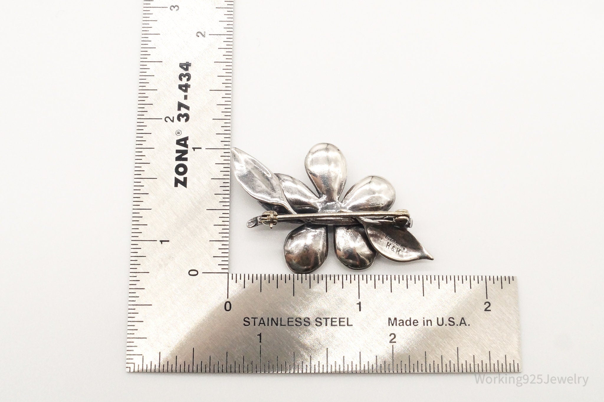 Vintage Designer H & H Flower Sterling Silver Brooch Pin