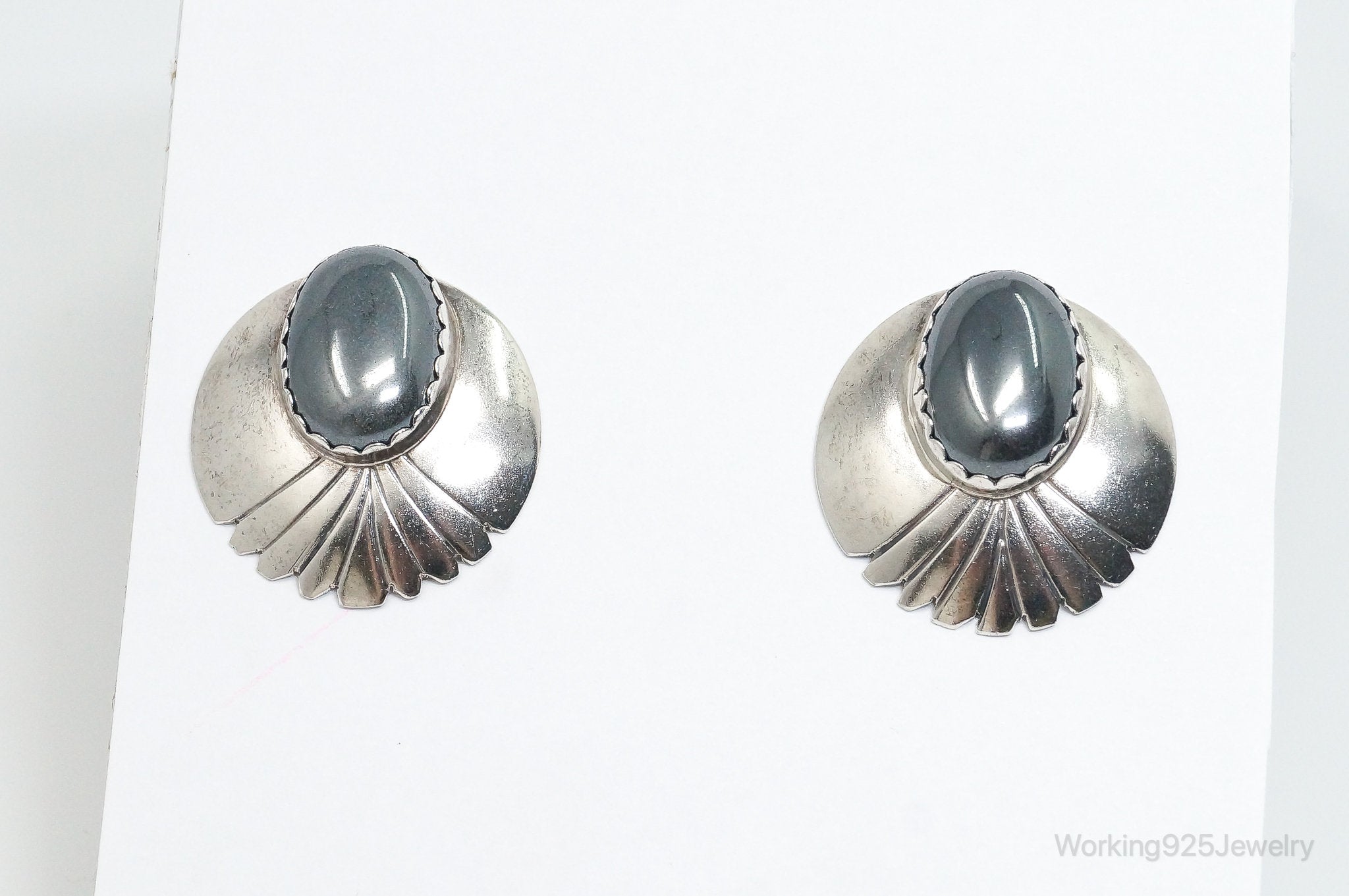 VTG Native American Handmade Fred Peters Hematite Sterling Silver Earrings