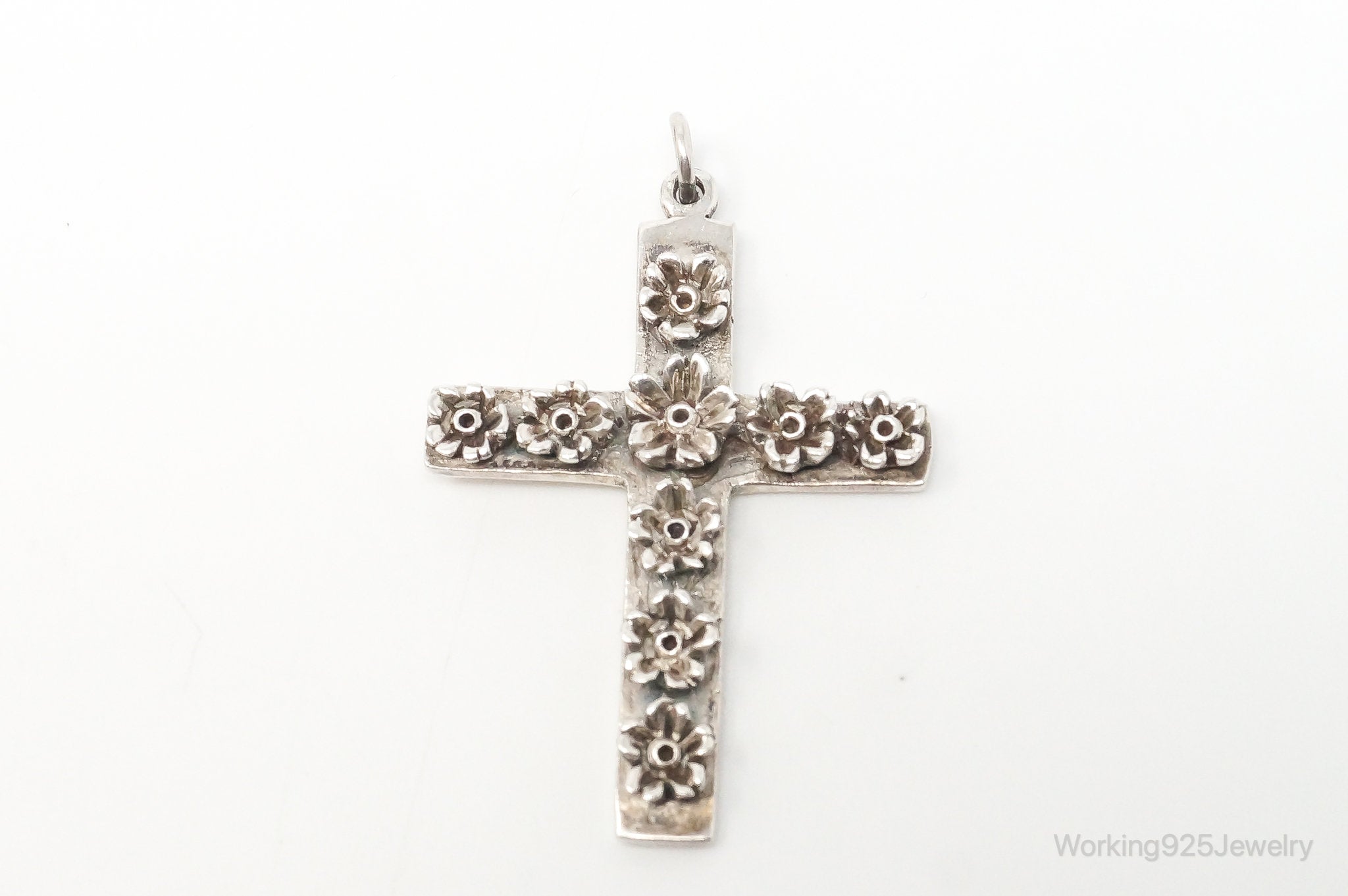 Large Vintage Blooming Flowers Cross Sterling Silver Necklace Pendant