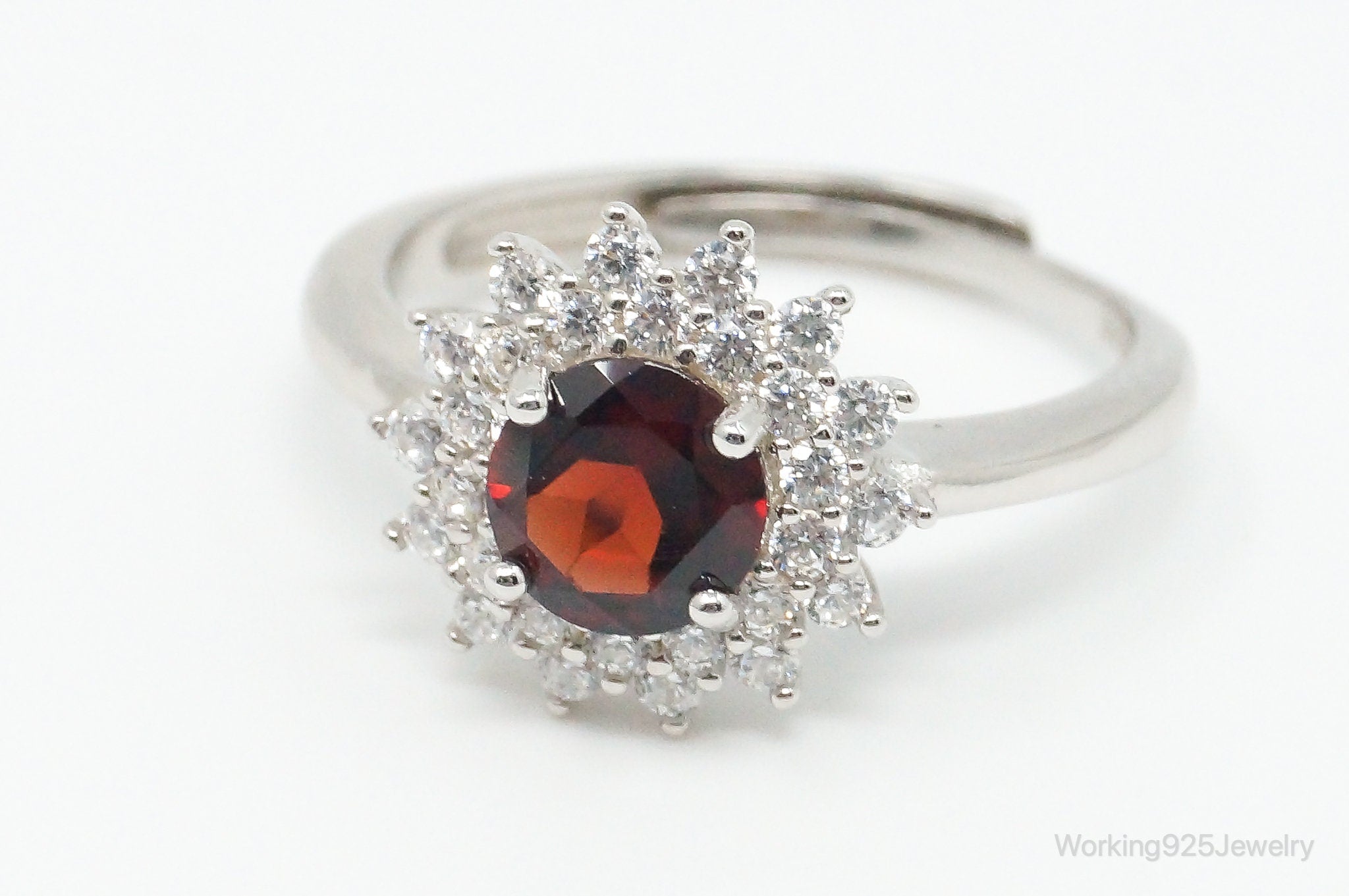 Vintage Garnet Cubic Zirconia Sterling Silver Ring - Size 6.75 Adjustable