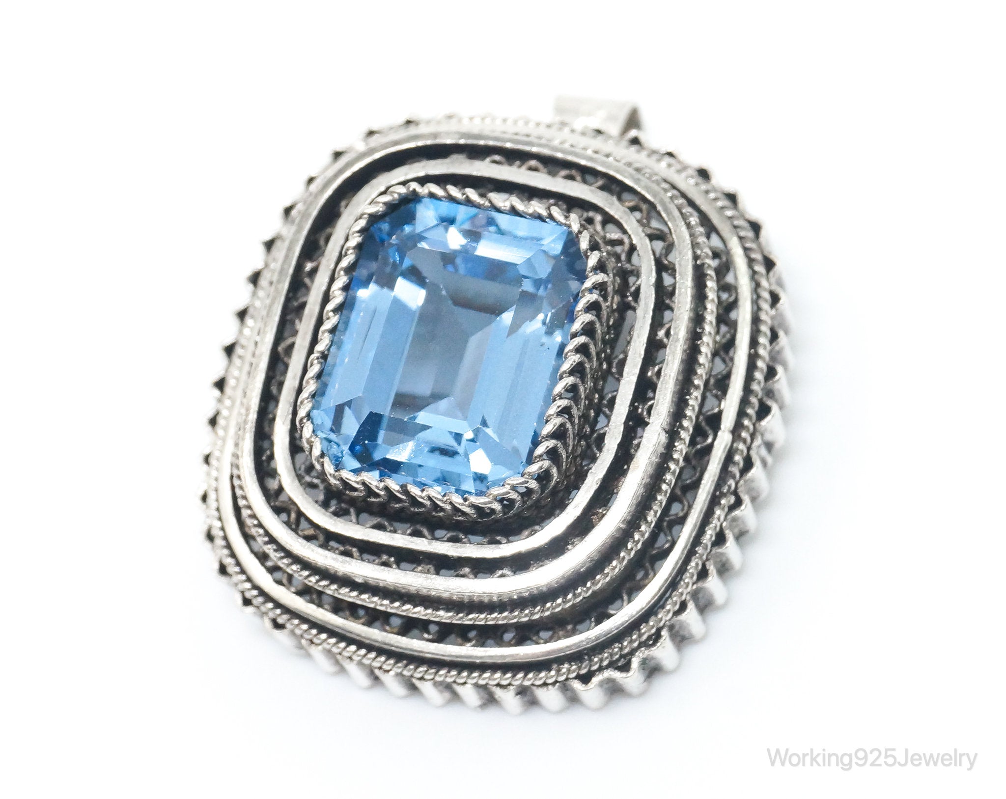 Large Vintage Art Deco Blue Topaz Sterling Silver Brooch Pendant