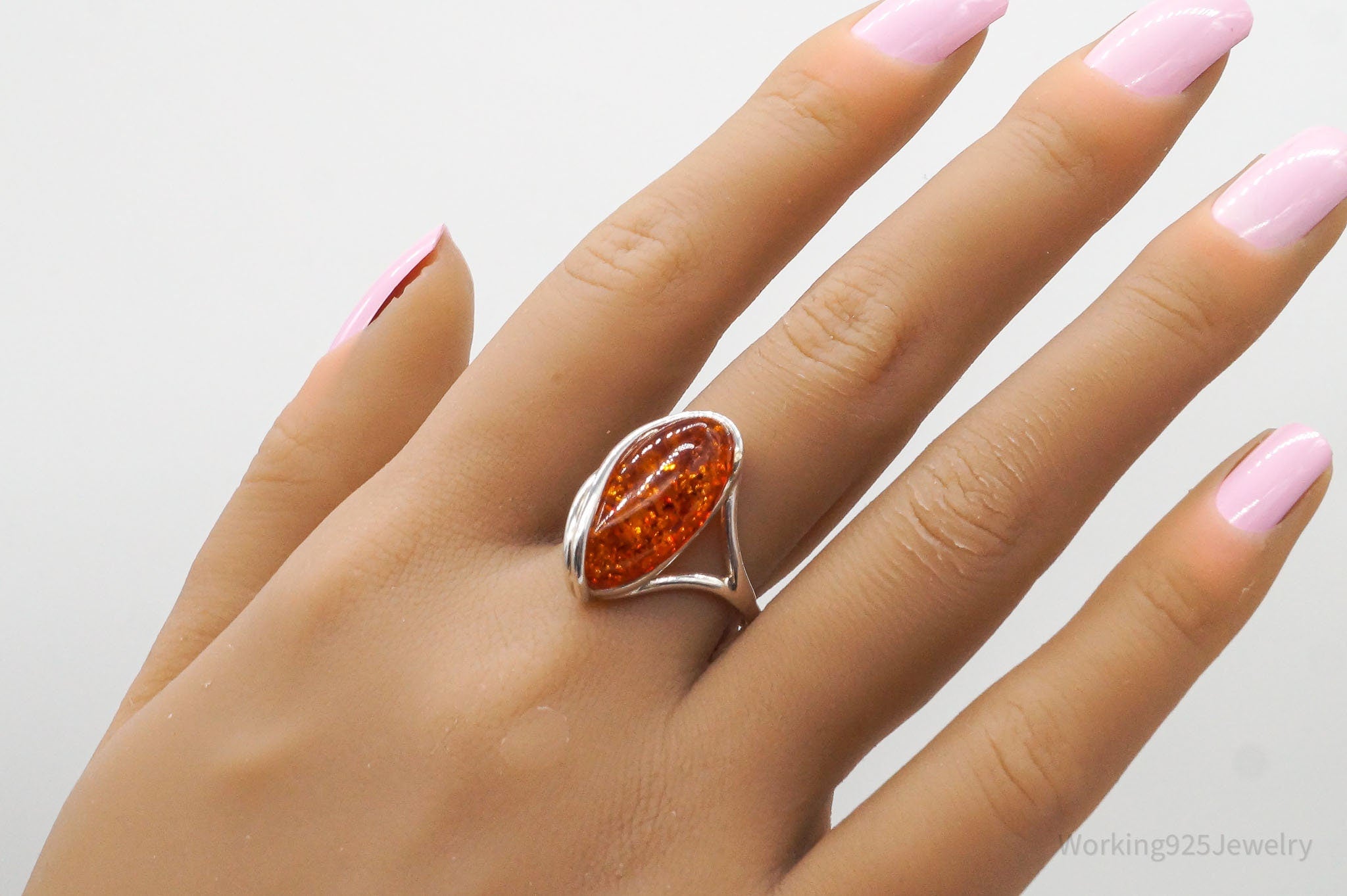 Vintage Amber Modernist Sterling Silver Ring - Size 8.25