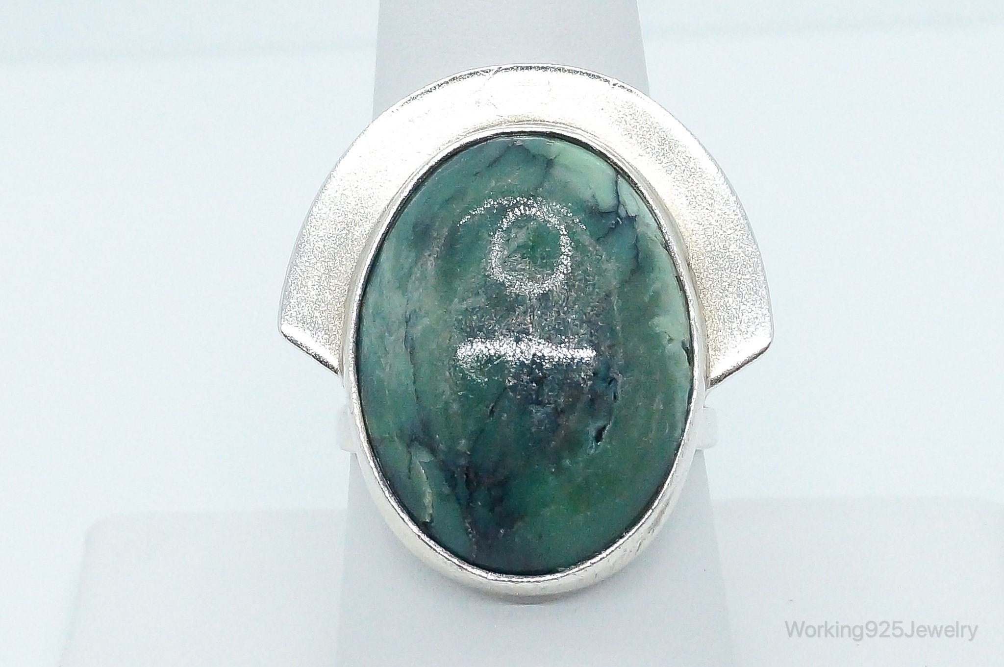 Vintage Green Agate Sterling Silver Ring - Size 8.25