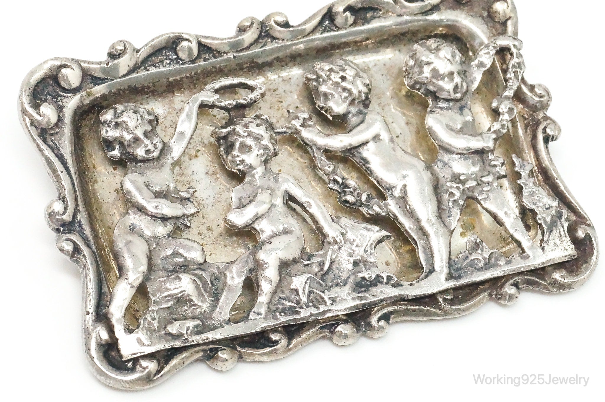 Rare Antique Handmade Cherubs With Garland Sterling Silver Brooch Pin