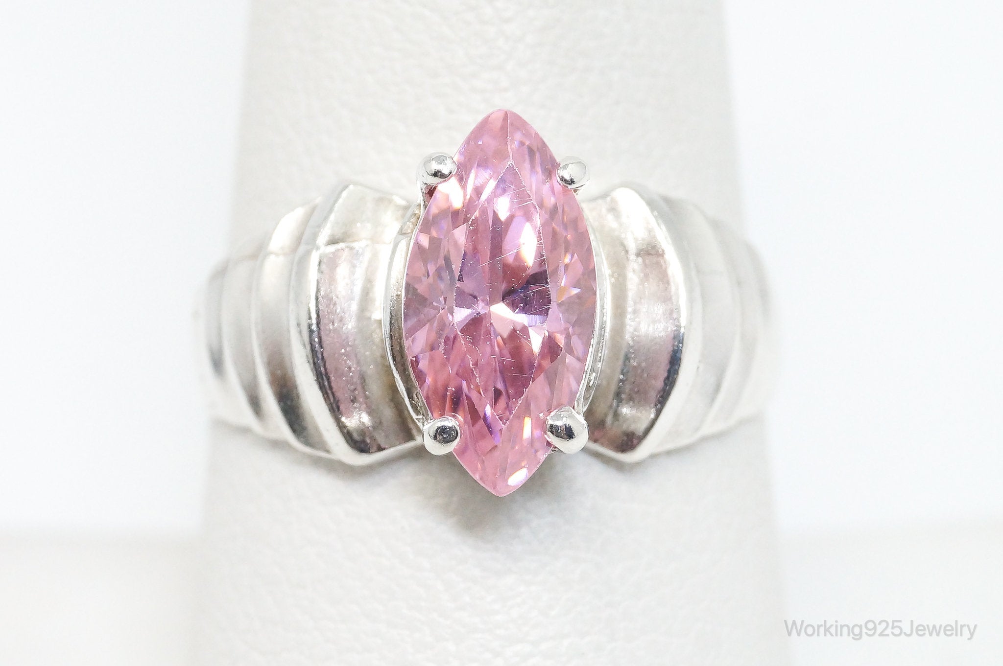 Vintage Art Deco Style Pink Cubic Zirconia Ring Sterling Silver - Size 8.25