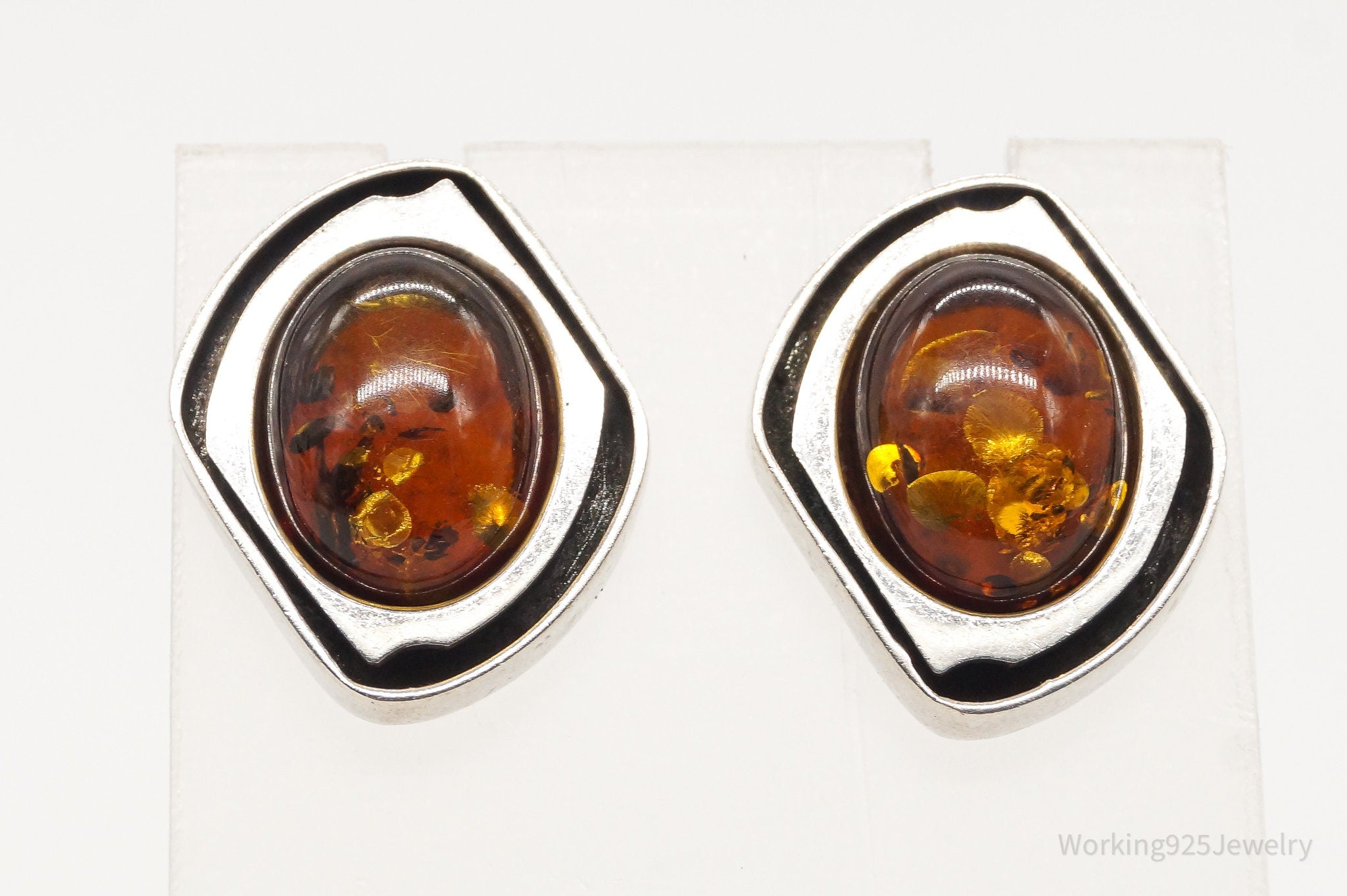 Vintage Amber Modernist Sterling Silver Earrings