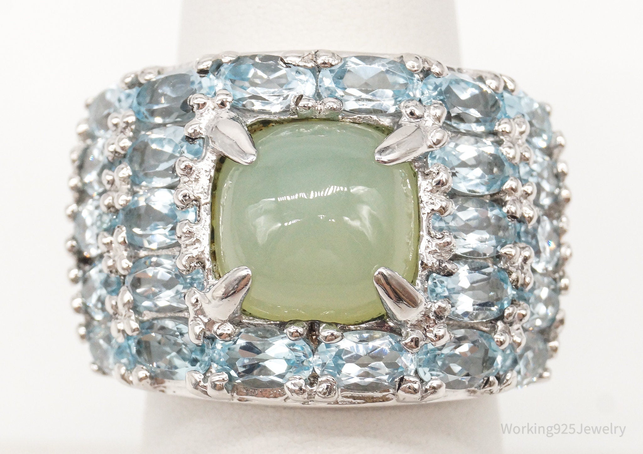 Vintage Green Chalcedony Blue Topaz Sterling Silver Ring - Size 7