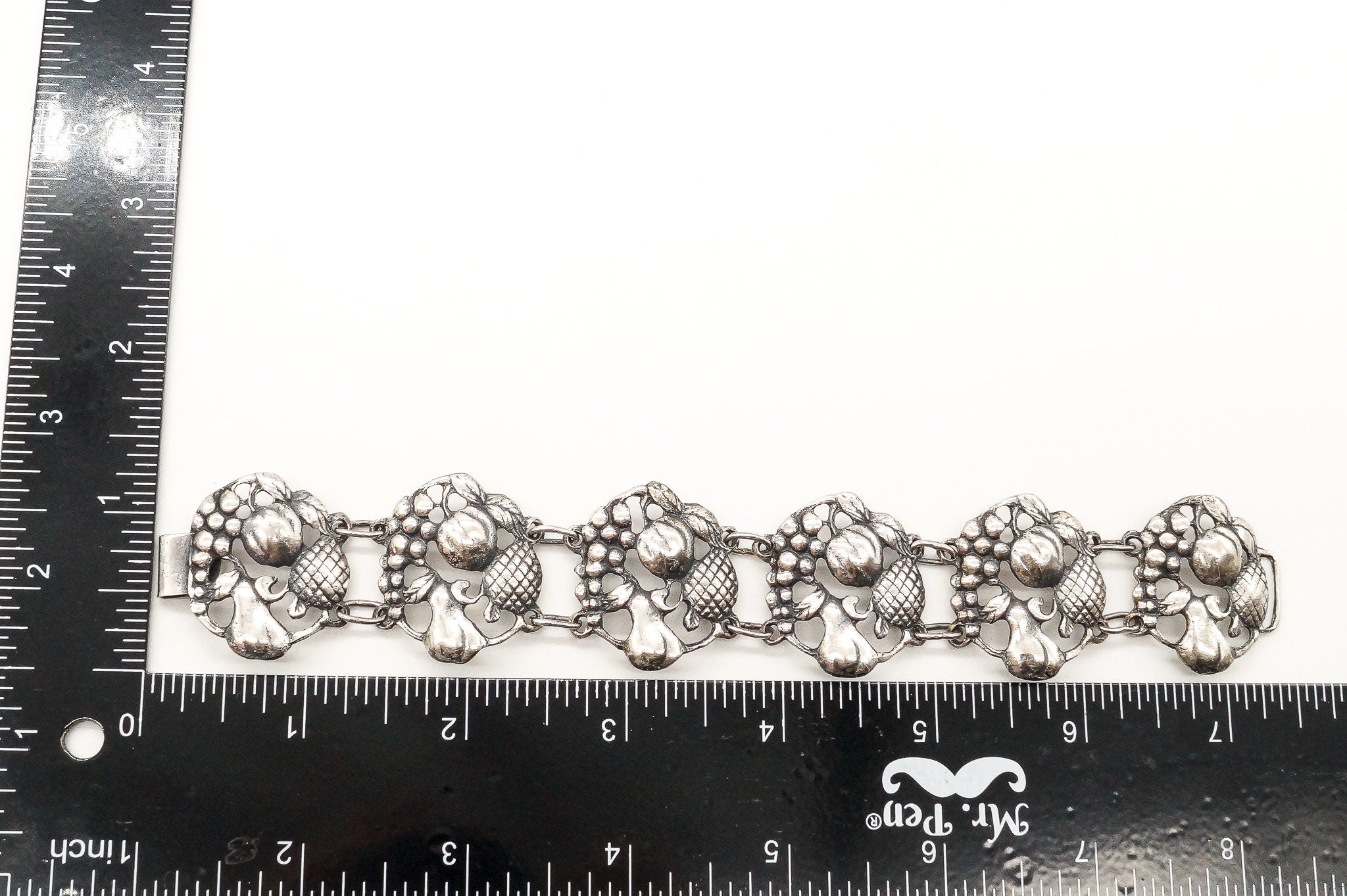 Rare Antique Fruit Harvest Repousse Sterling Silver Bracelet