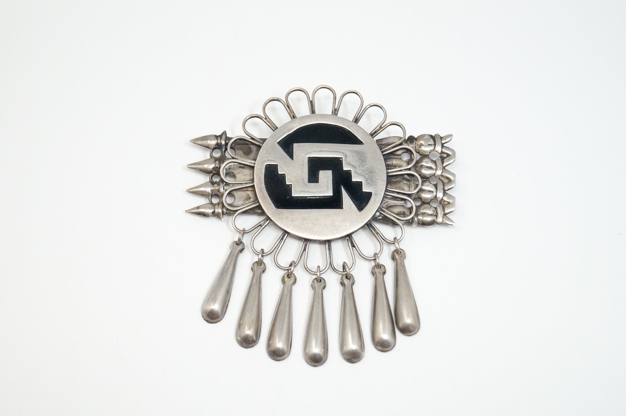 Large Vintage Mexico Handmade Aztec Dangle Silver Brooch Pin