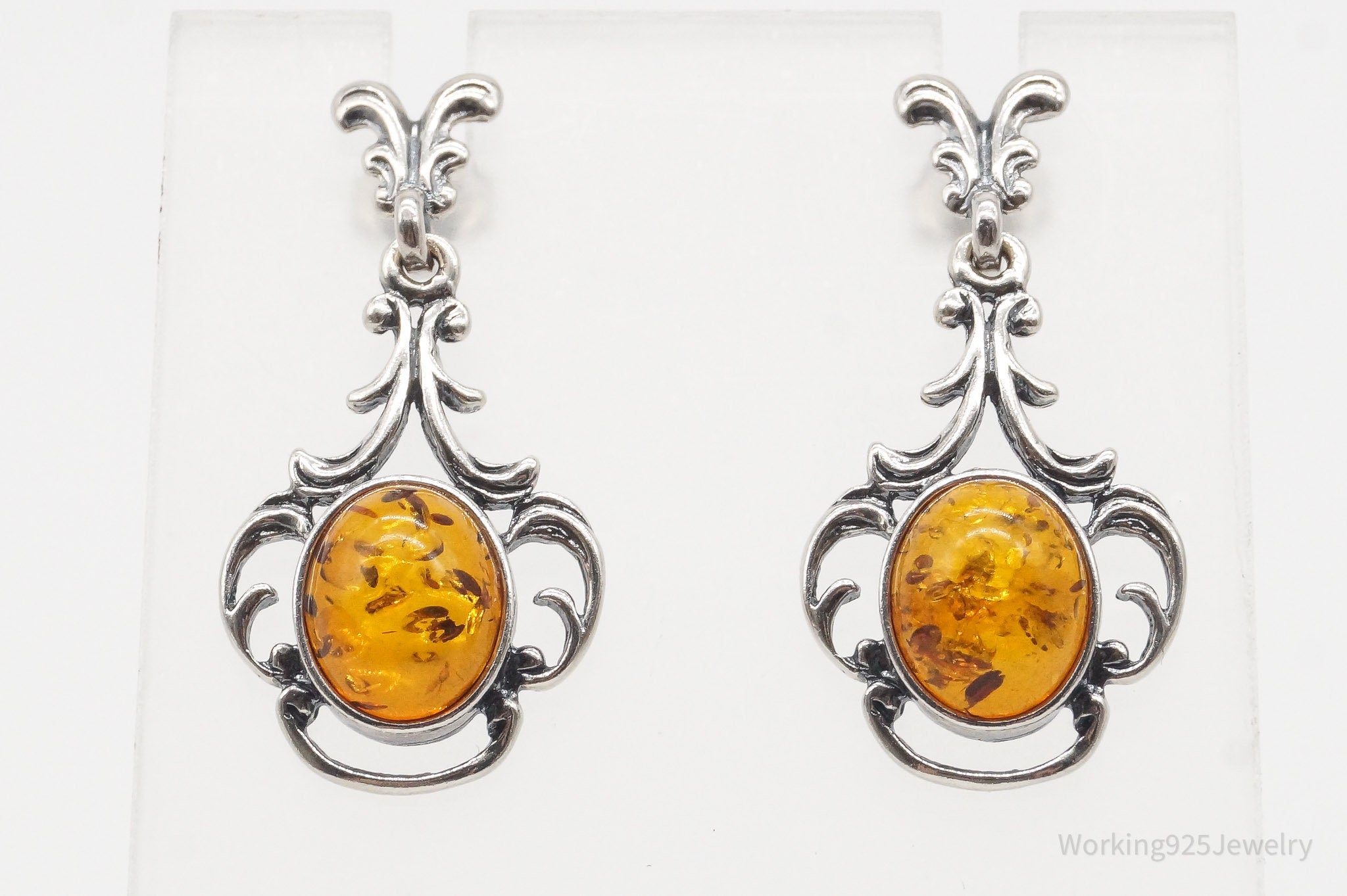 Vintage Amber Modernist Sterling Silver Earrings