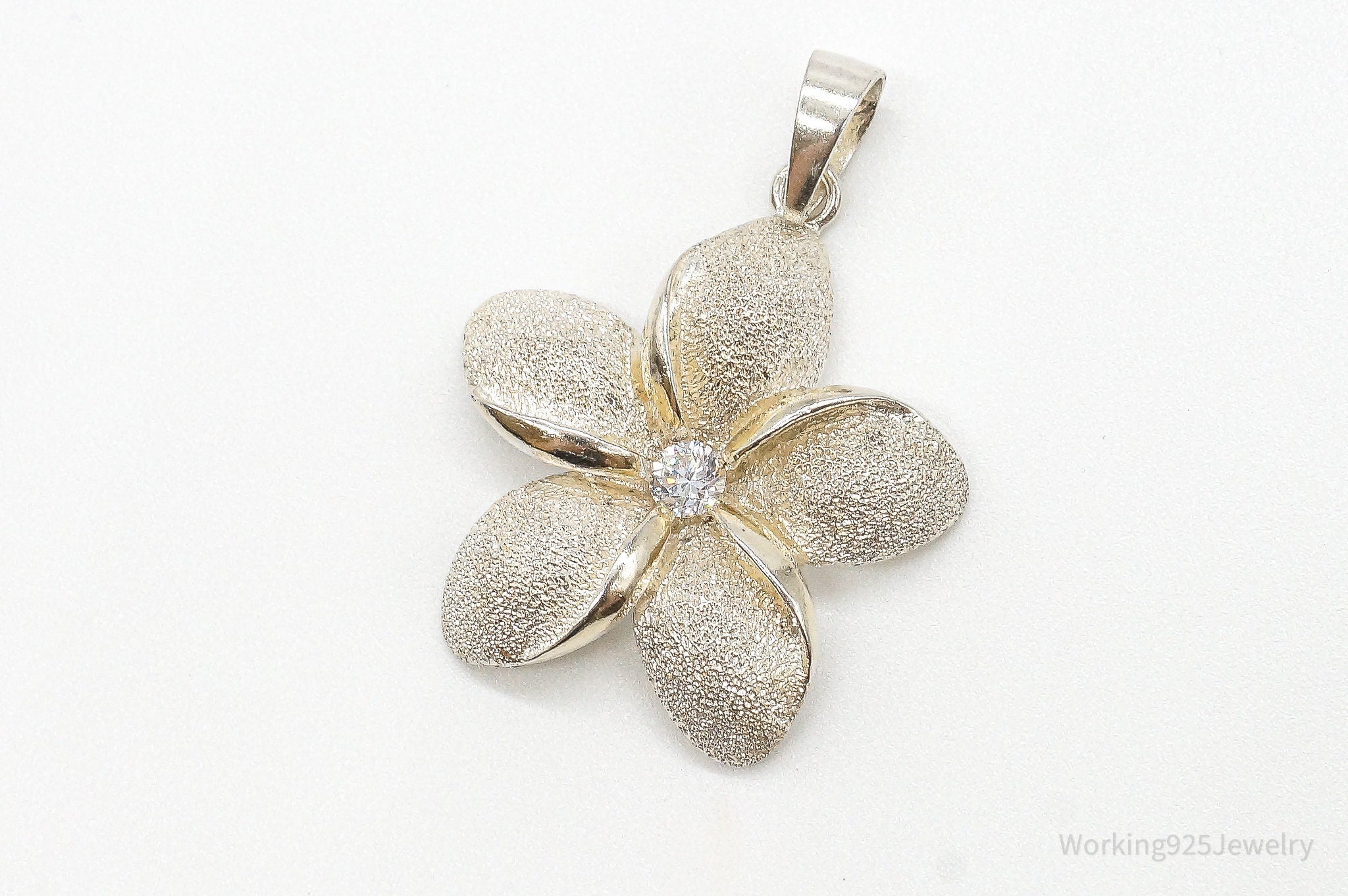 Large Vintage Cubic Zirconia Flower Sterling Silver Pendant