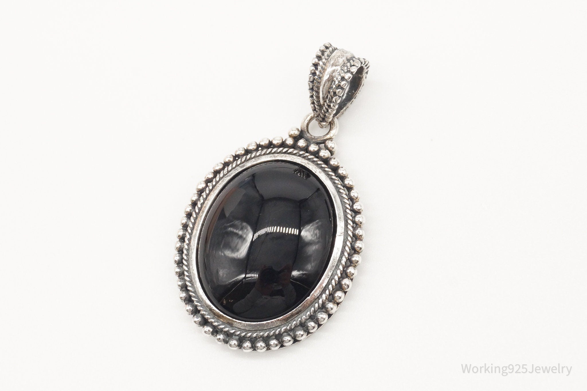 Large Vintage Black Onyx Bali Style Sterling Silver Pendant