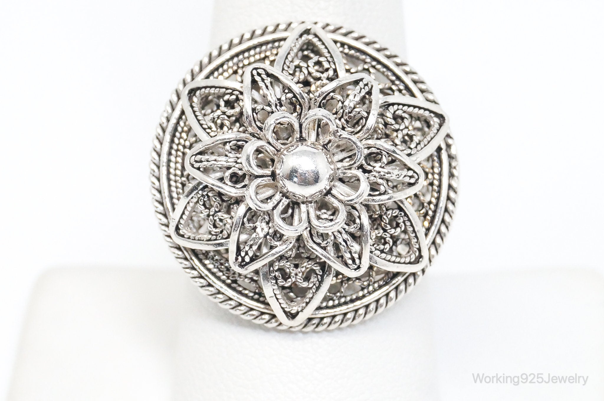 Vintage Designer DGS Flower Filigree Sterling Silver Ring - Size 9