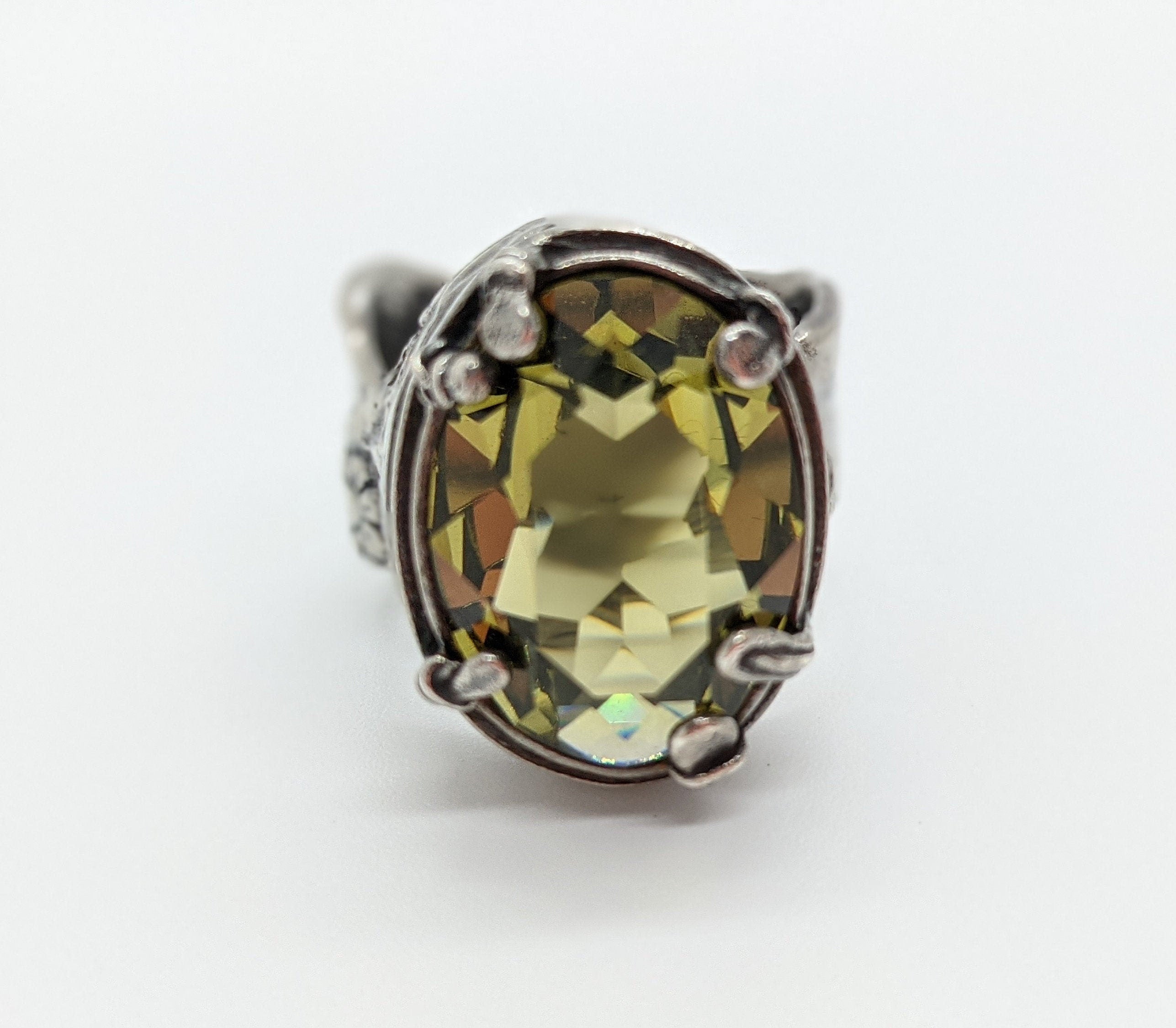 Vintage Designer Silpada Large Olive Green Peridot Floral Vine Ring Size 7