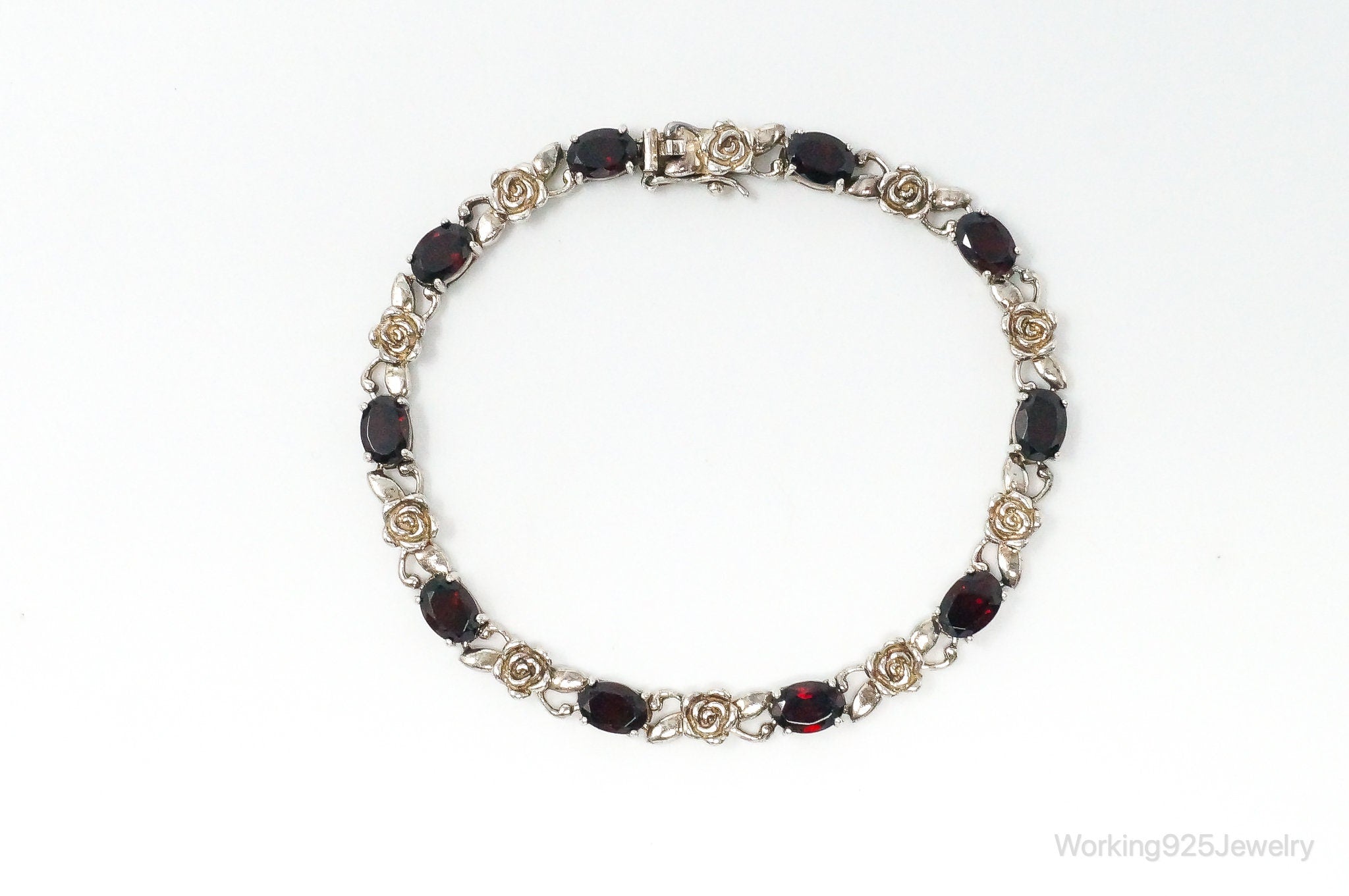 Vintage Garnets & Roses Sterling Silver Bracelet