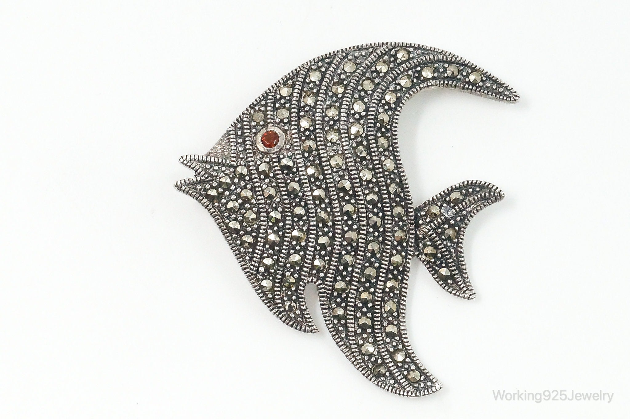 Large Vintage Marcasite Garnet Fish Sterling Brooch Pin