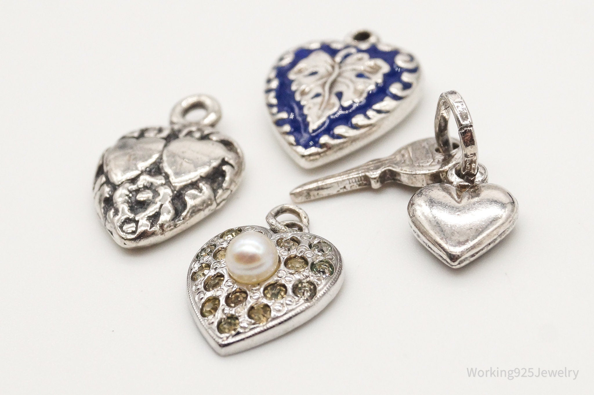 Antique Puffy Hearts Sterling Silver Bracelet Charms Set Lot