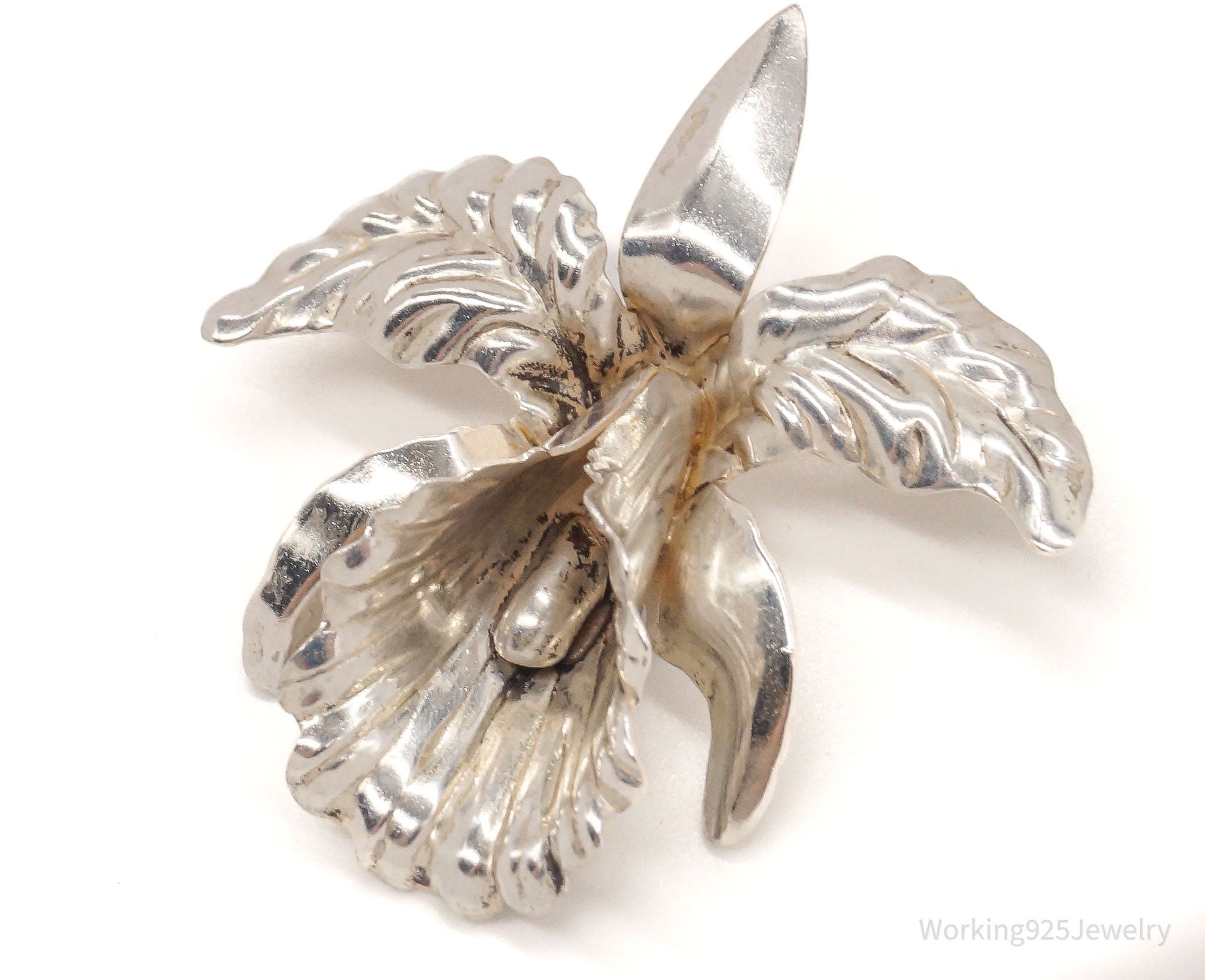 Vintage Designer Beau Orchid Flower Sterling Silver Brooch Pin