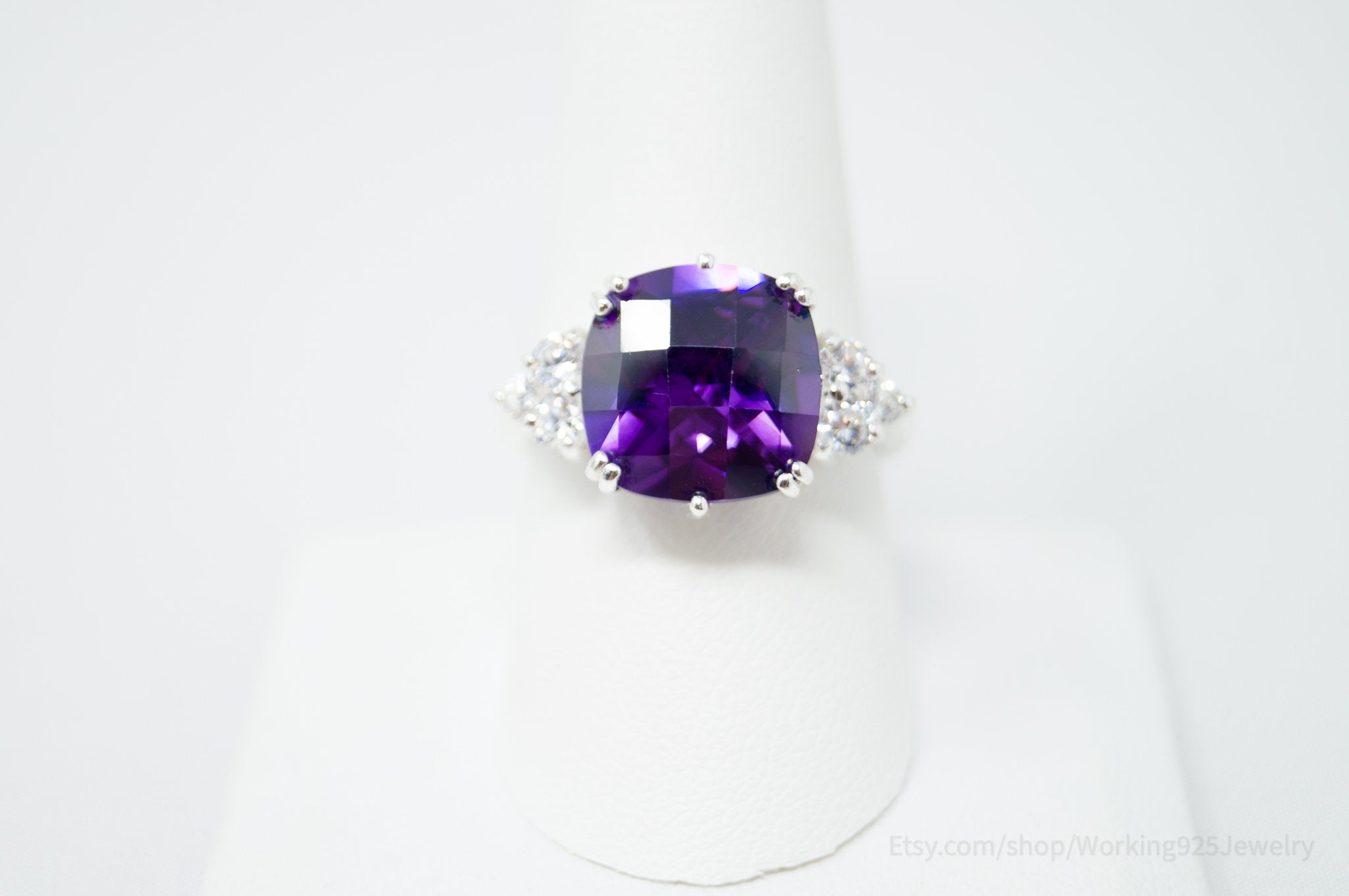 Vintage Art Deco Style Amethyst CZ Statement Ring Sterling Silver - Sz 9