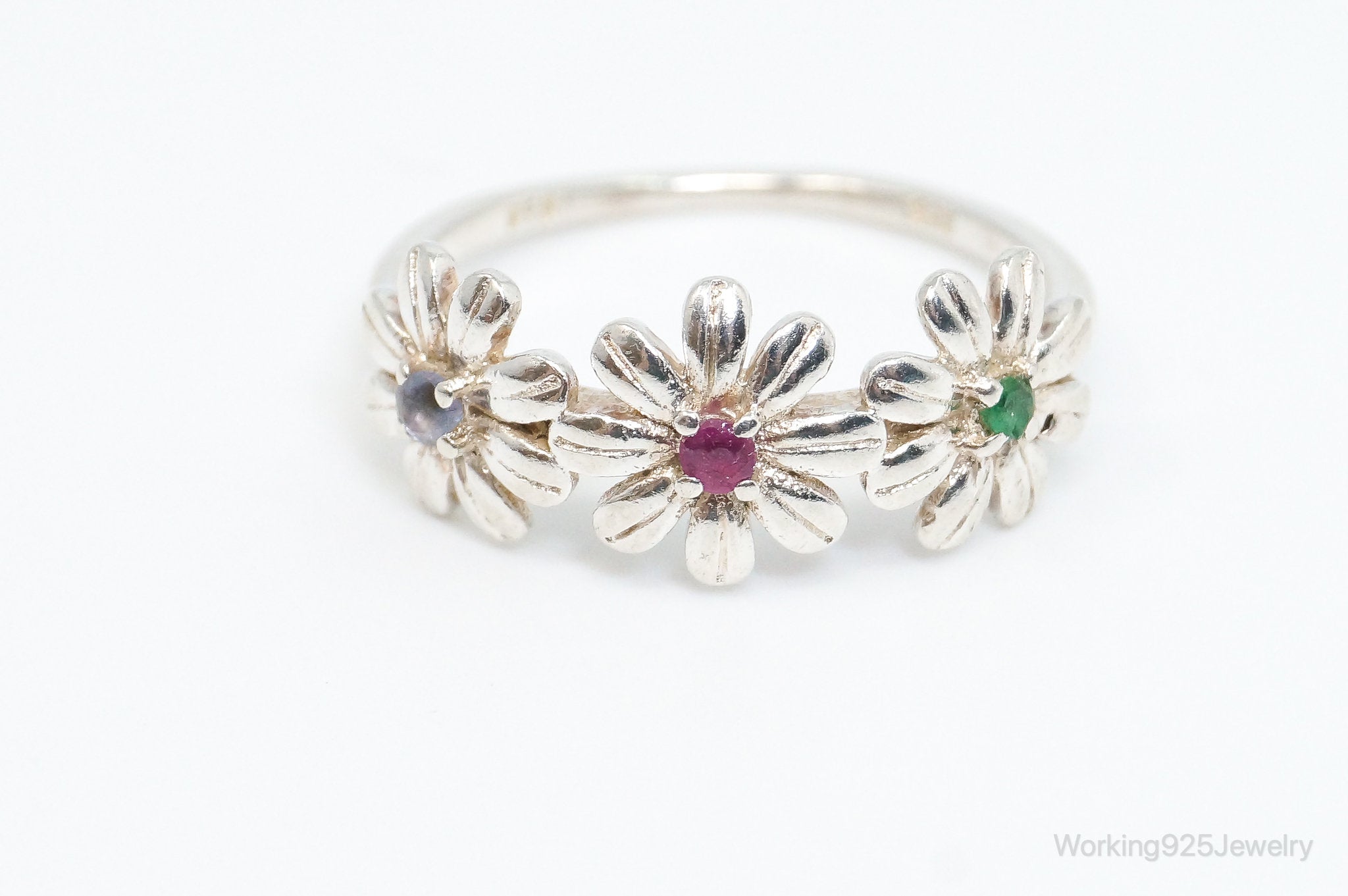 Vintage Amethyst Emerald Ruby Flowers Sterling Silver Ring SZ 8