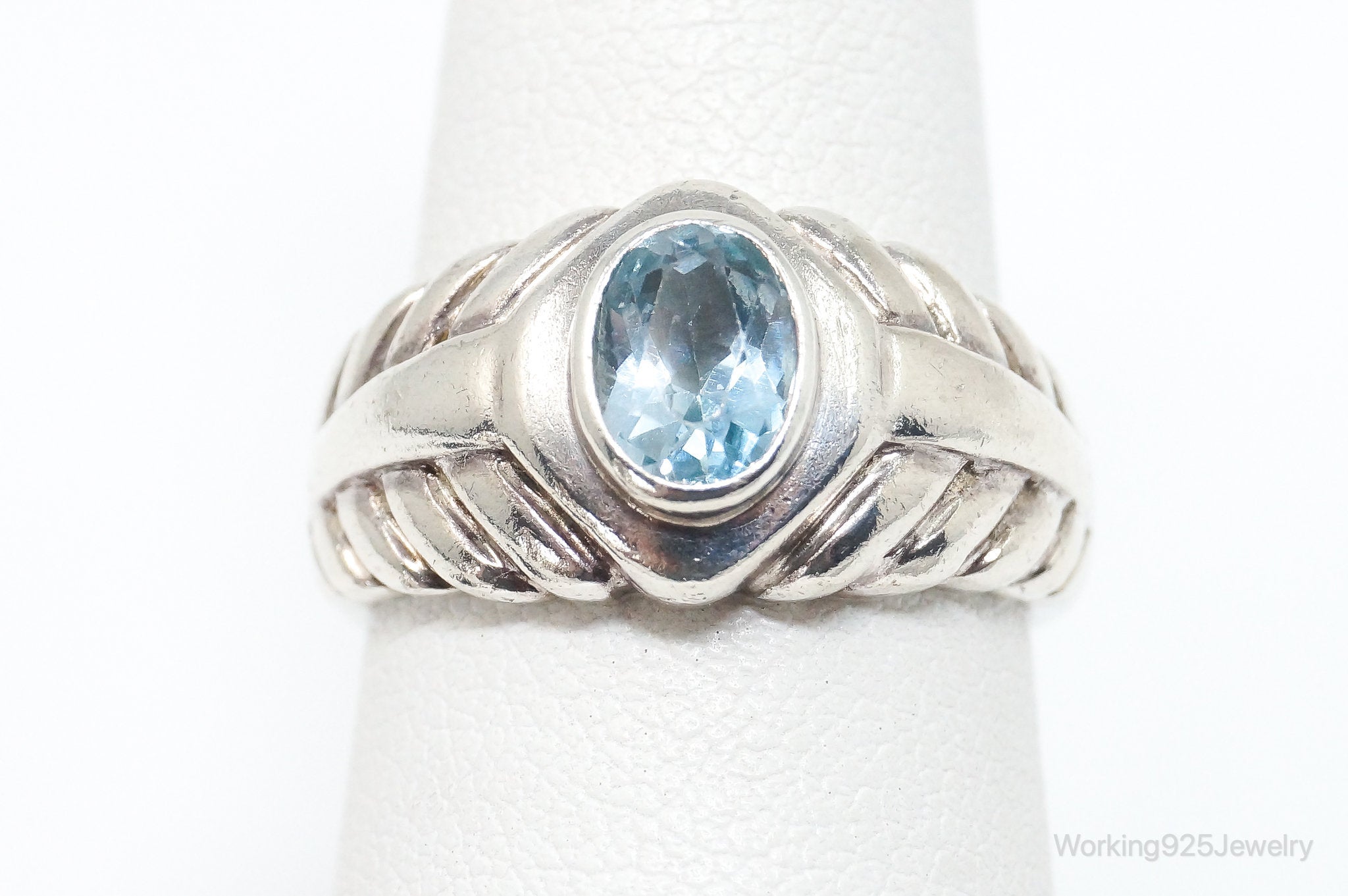 Vintage Art Deco Style Blue Topaz Sterling Silver Ring - SZ 7