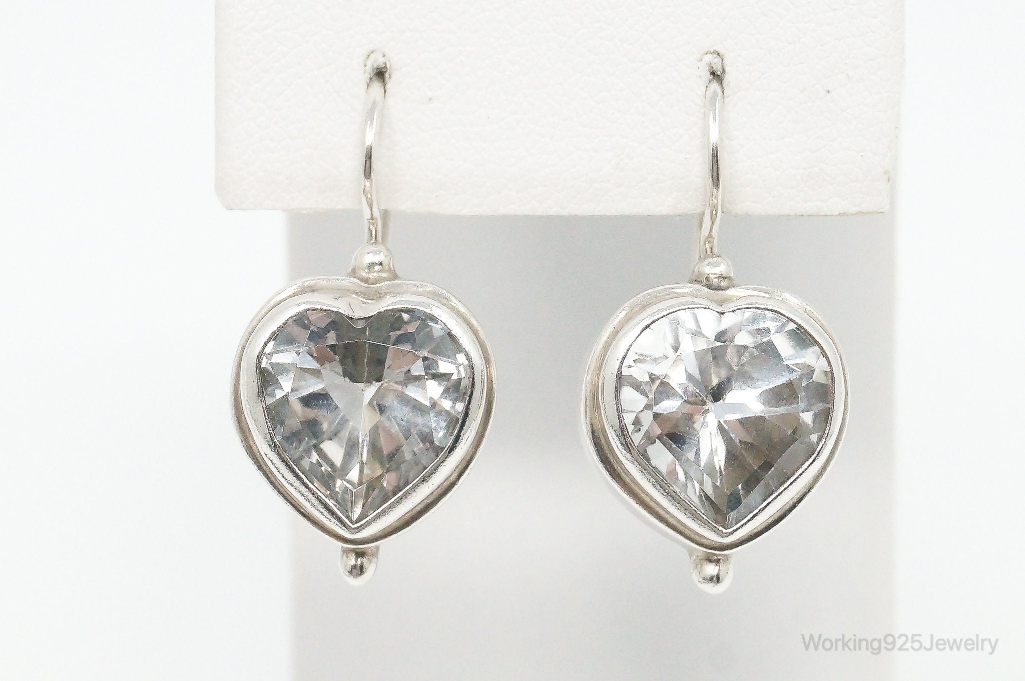 Vintage Large Cubic Zirconia Heart Sterling Silver Earrings