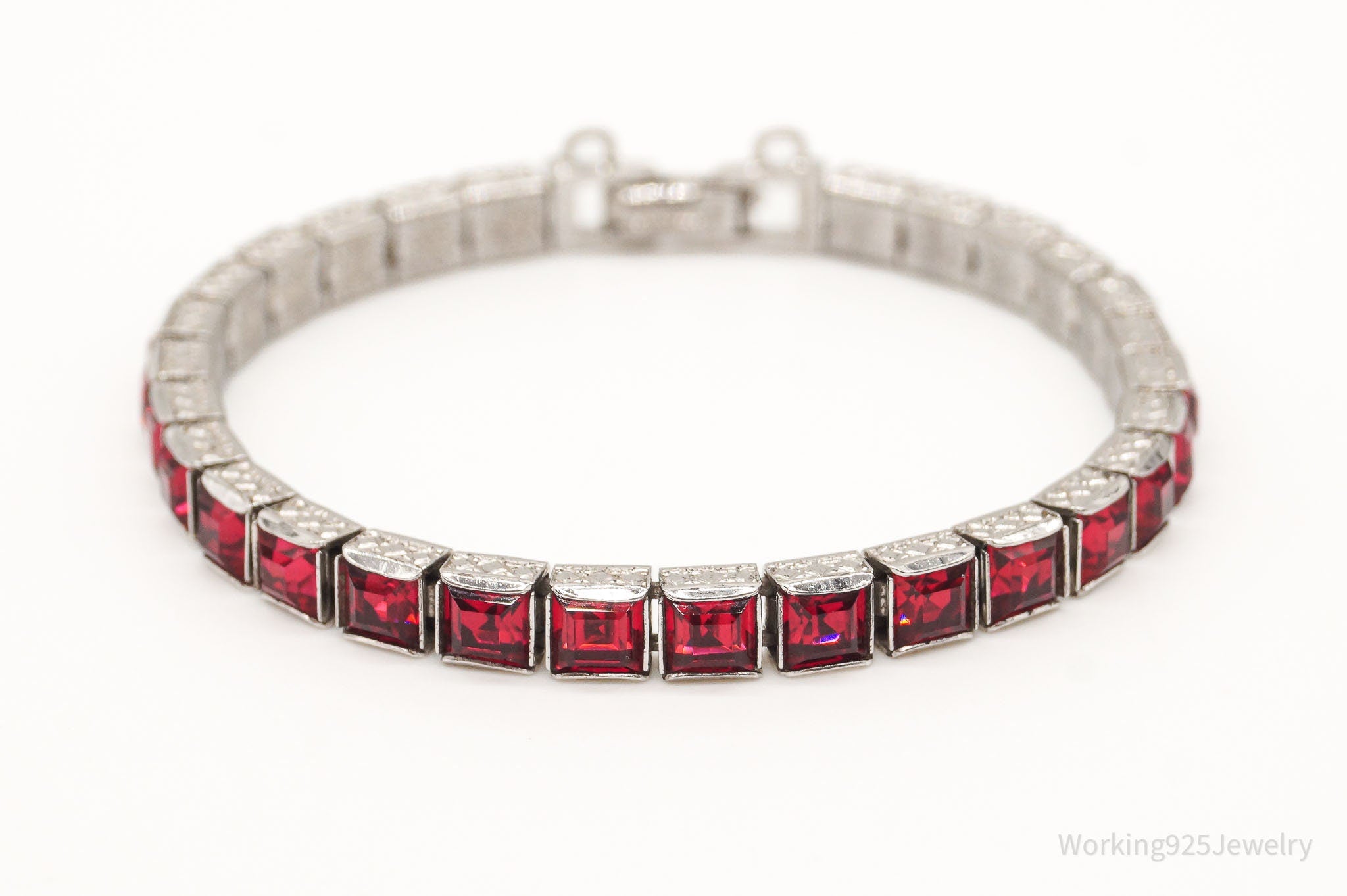 Antique Art Deco Channel Set Red Rhinestone Sterling Silver Bracelet