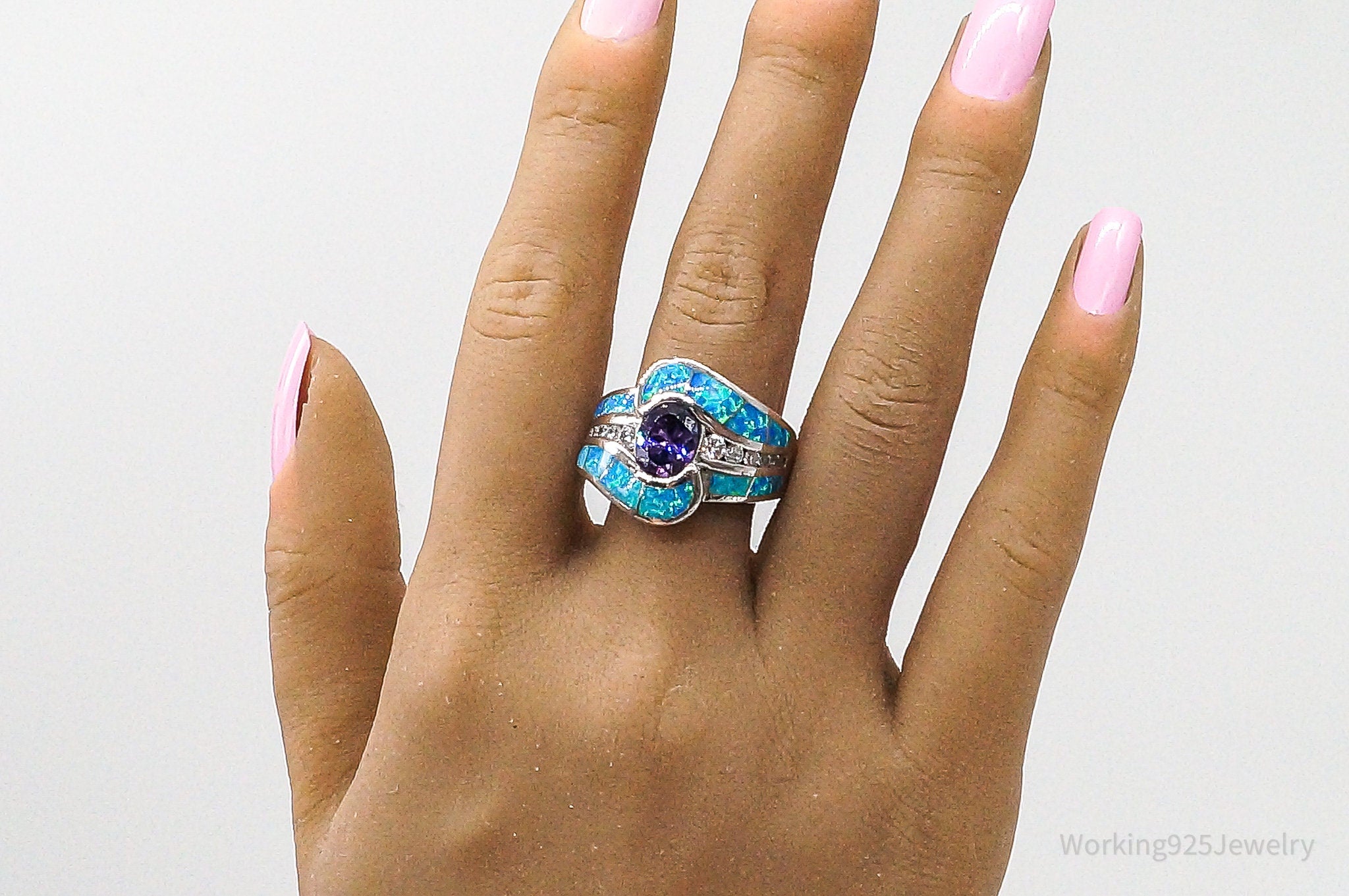 Amethyst Opal Cubic Zirconia Sterling Silver Ring - Size 10.5