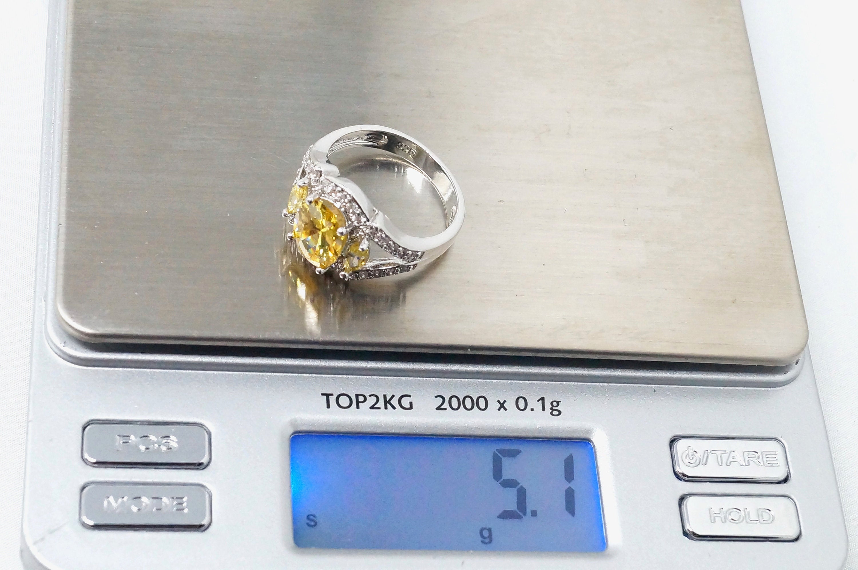 Art Deco Vintage Large Citrine Cz Accented Statement Ring Sterling Silver Sz 8