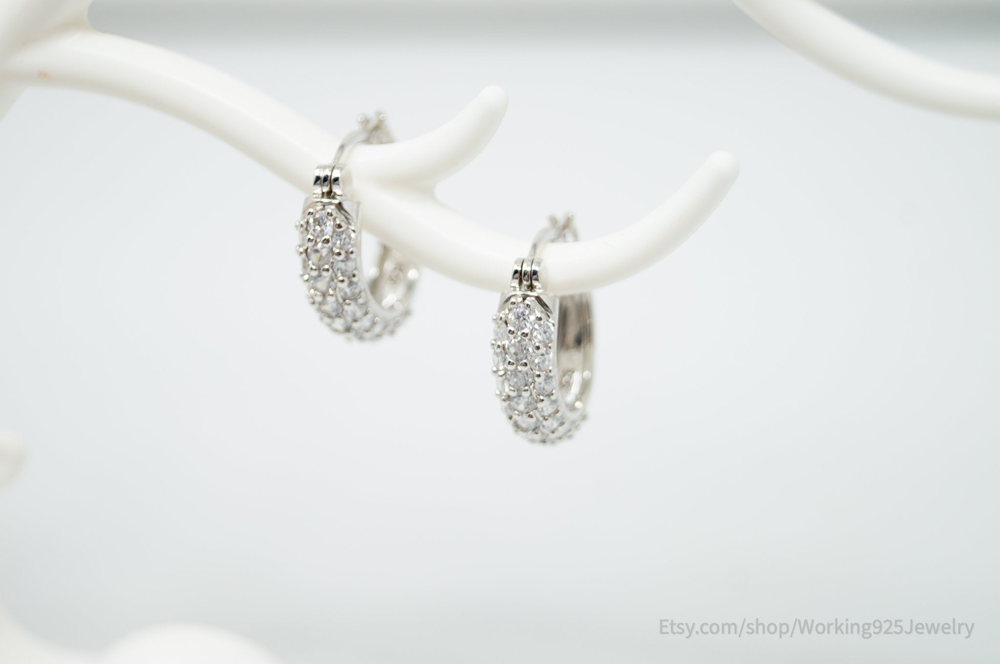 Vintage Art Deco Style Cz Sterling Silver Hoop Earrings