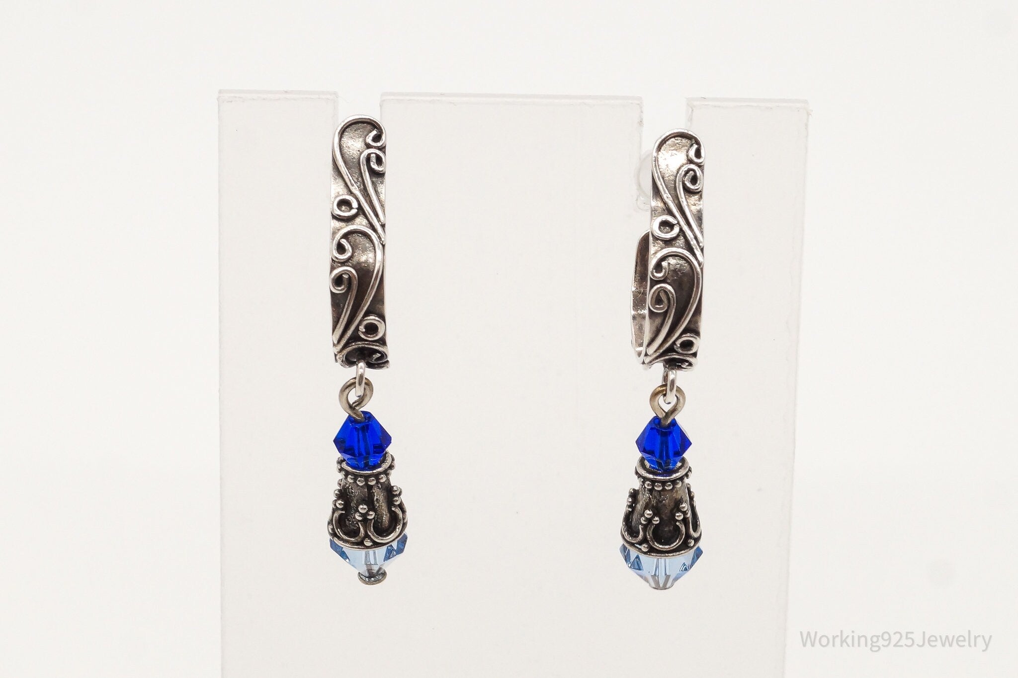 Vintage Bali Inspired Blue Bead Silver Earrings