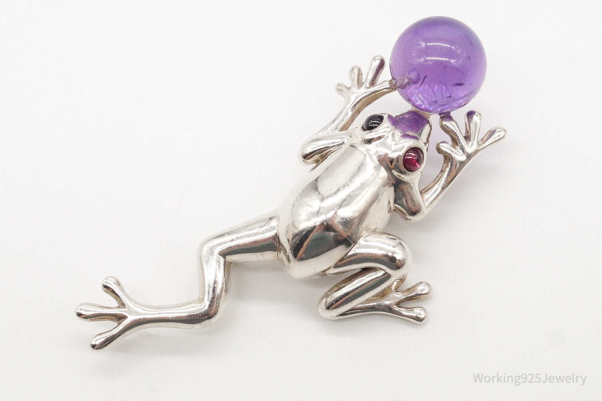 Large Vintage AC Studio Amethyst Garnet Frog Sterling Silver Brooch Pin