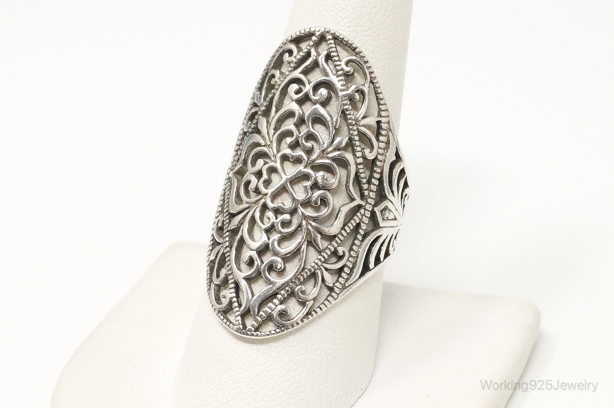 Vintage Long Scroll Swirls Filigree Sterling Silver Ring - Size 9.25