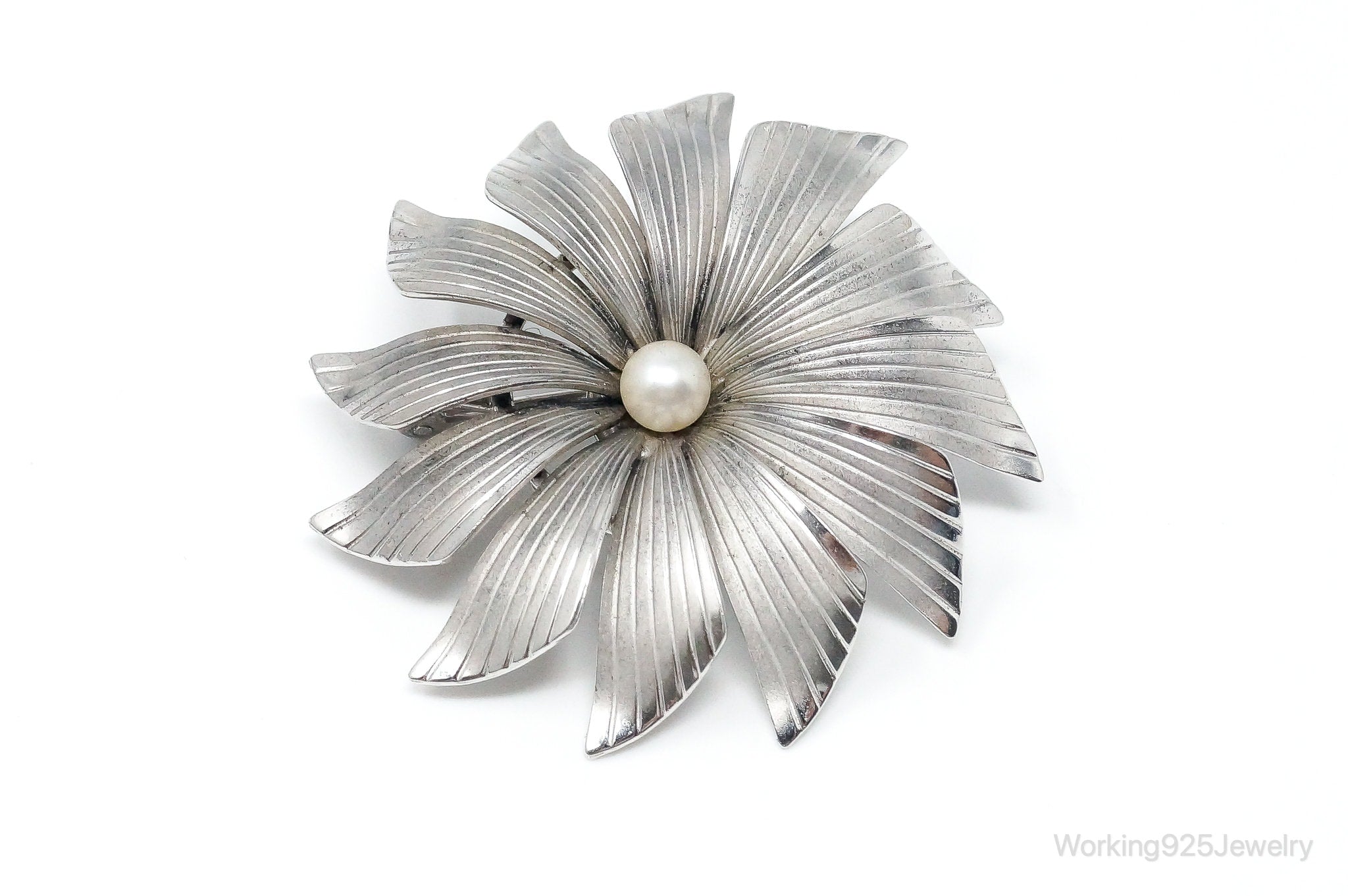 Vintage Designer Carl-Art Pearl Flower Sterling Silver Brooch Pin