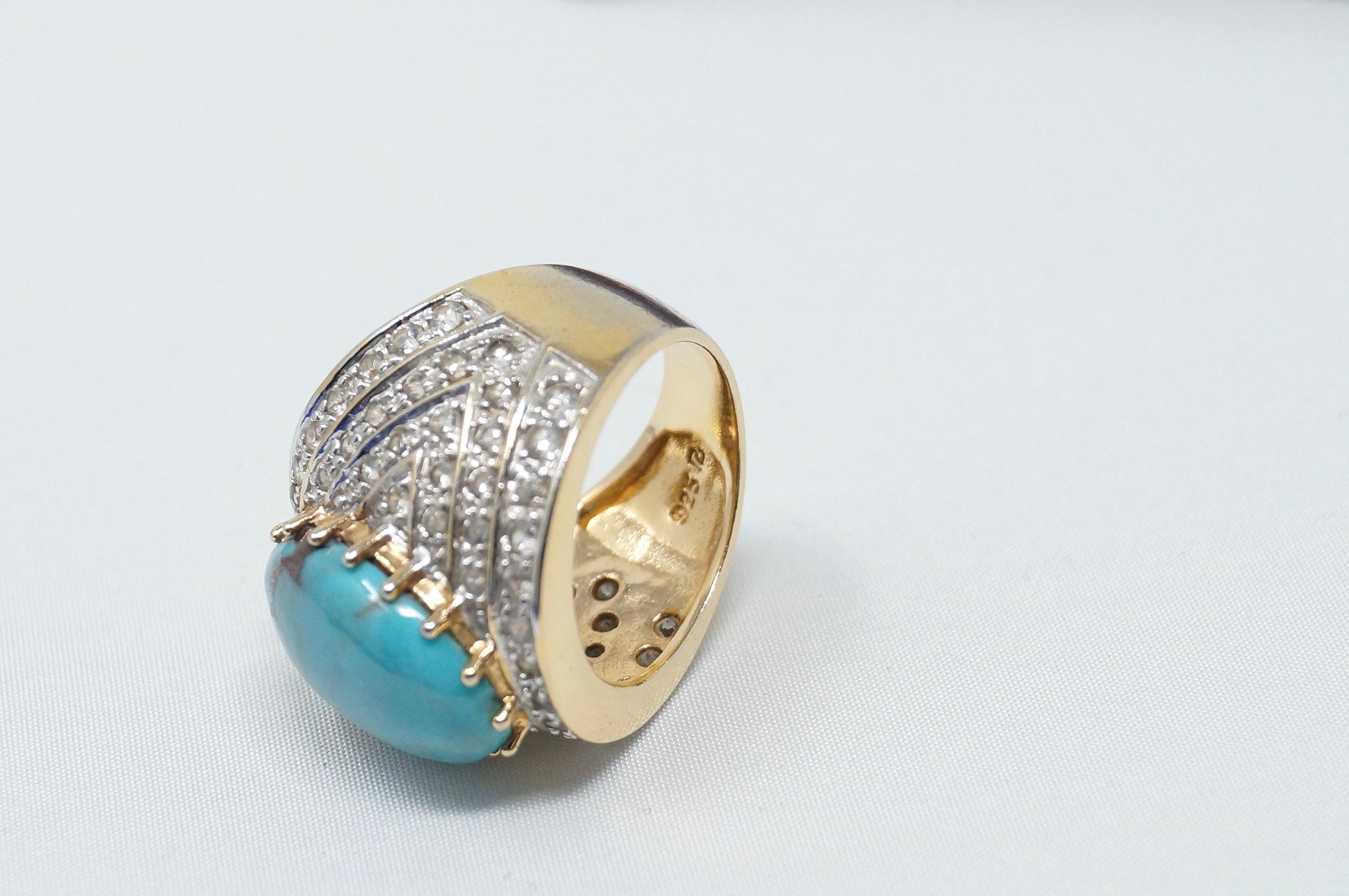 Beautiful Vintage Large Turquoise Cz Gold Vermeil Sterling Silver Ring - Size 6