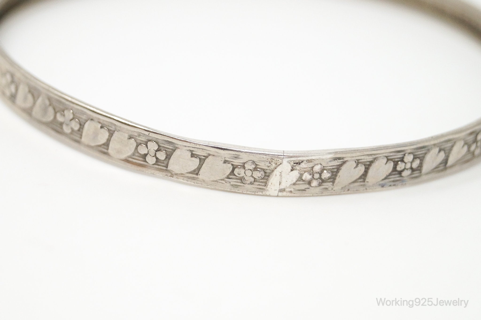 Antique Sterling Silver Heart Floral Bangle Bracelet