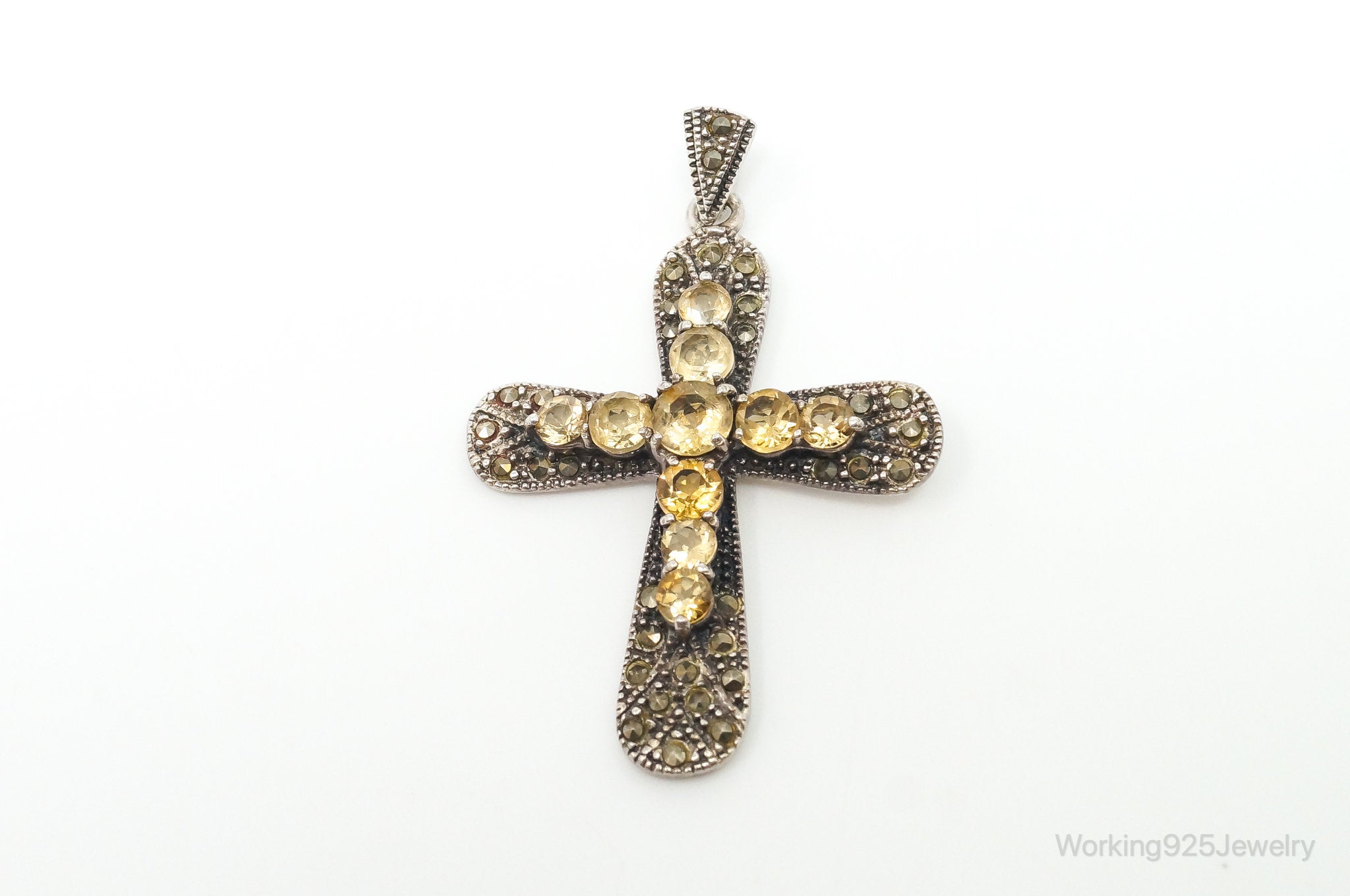 Large Vintage Citrine Marcasite Cross Sterling Silver Pendant