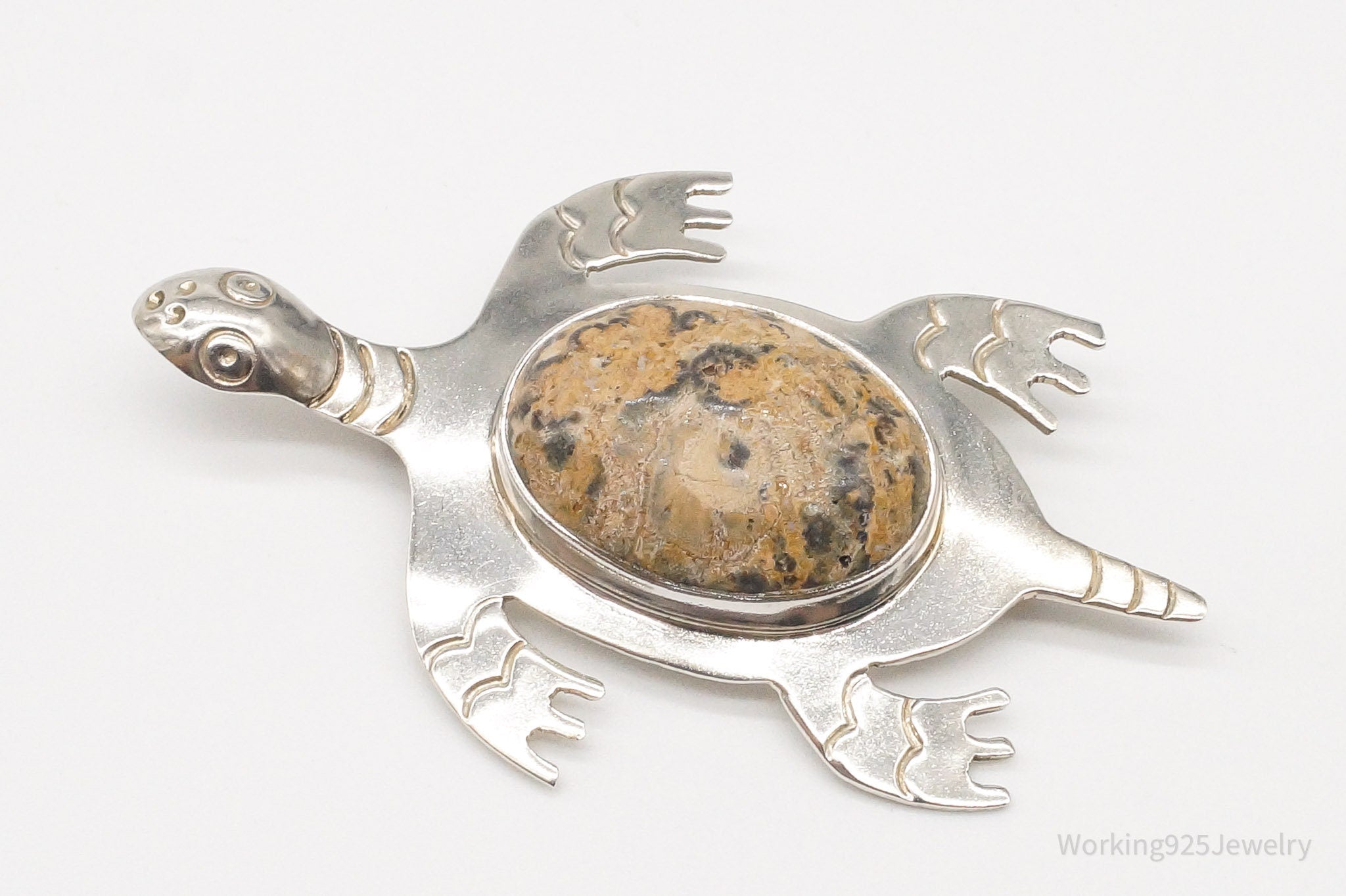 Large Vintage Mexico CII Jasper Sea Turtle Sterling Silver Brooch Pin