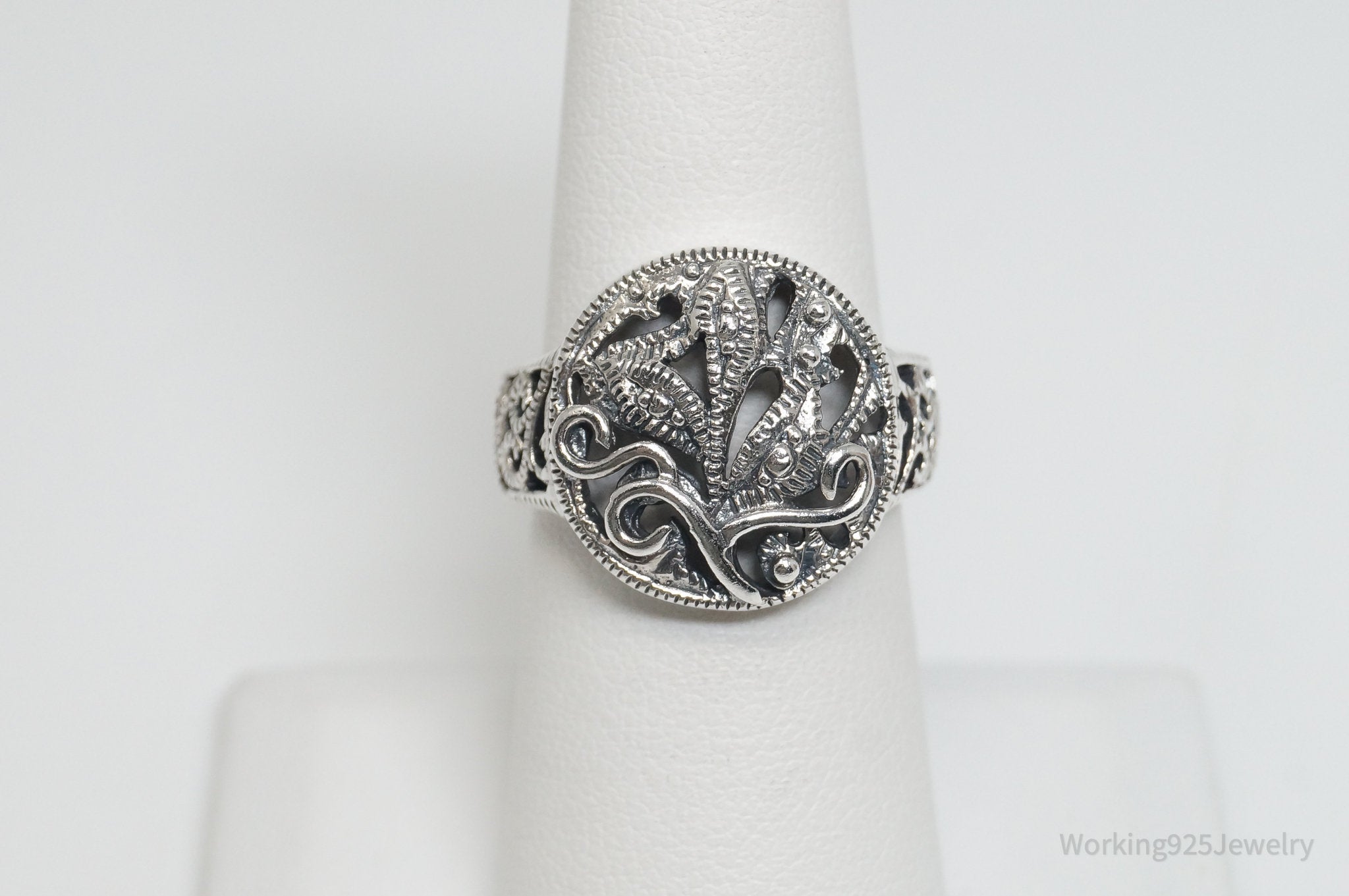 Vintage Floral Motif Cut Out Design Sterling Silver Ring - Sz 6.5