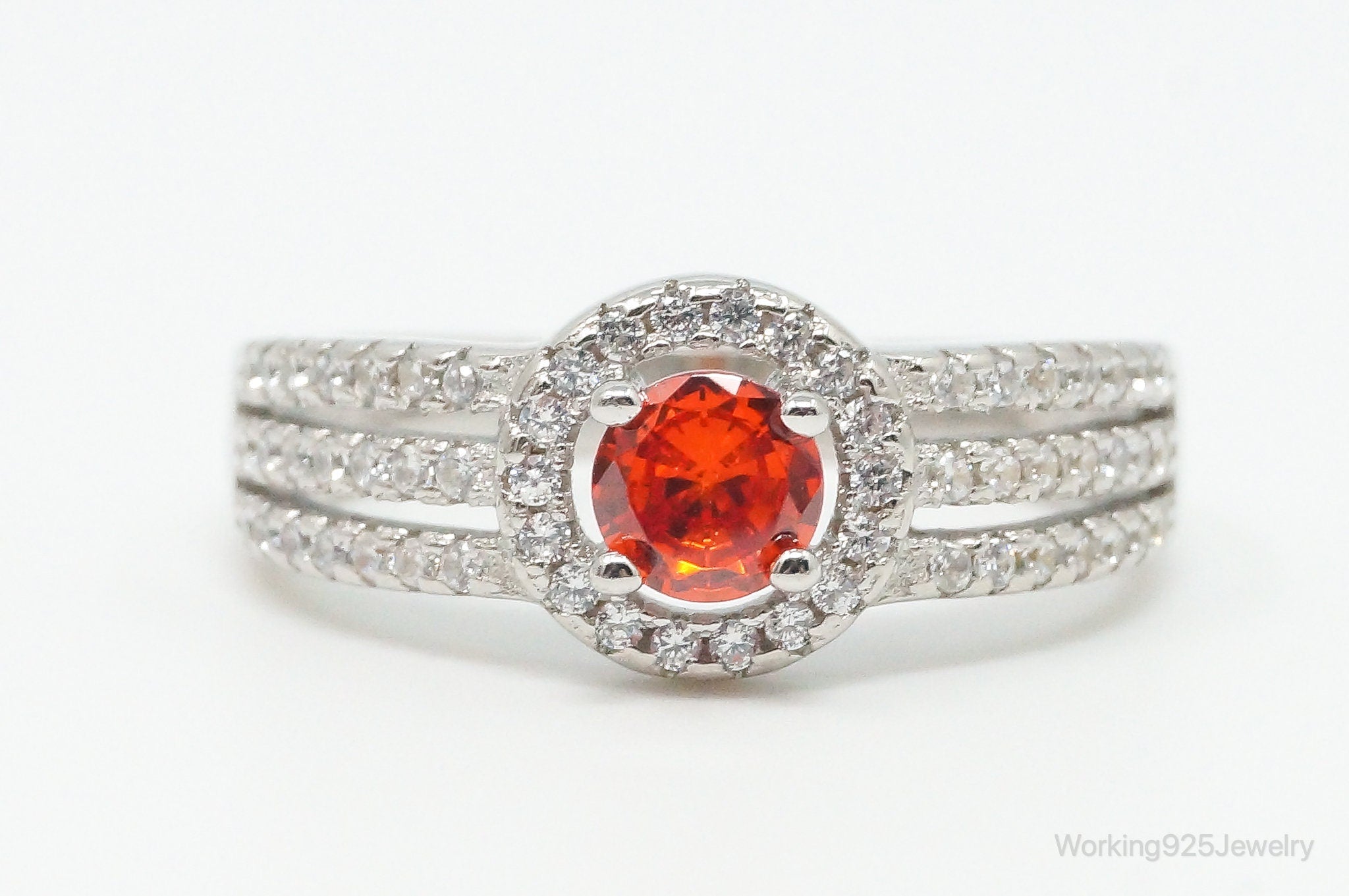 Orange & White Cubic Zirconia Sterling Silver Ring - Size 9