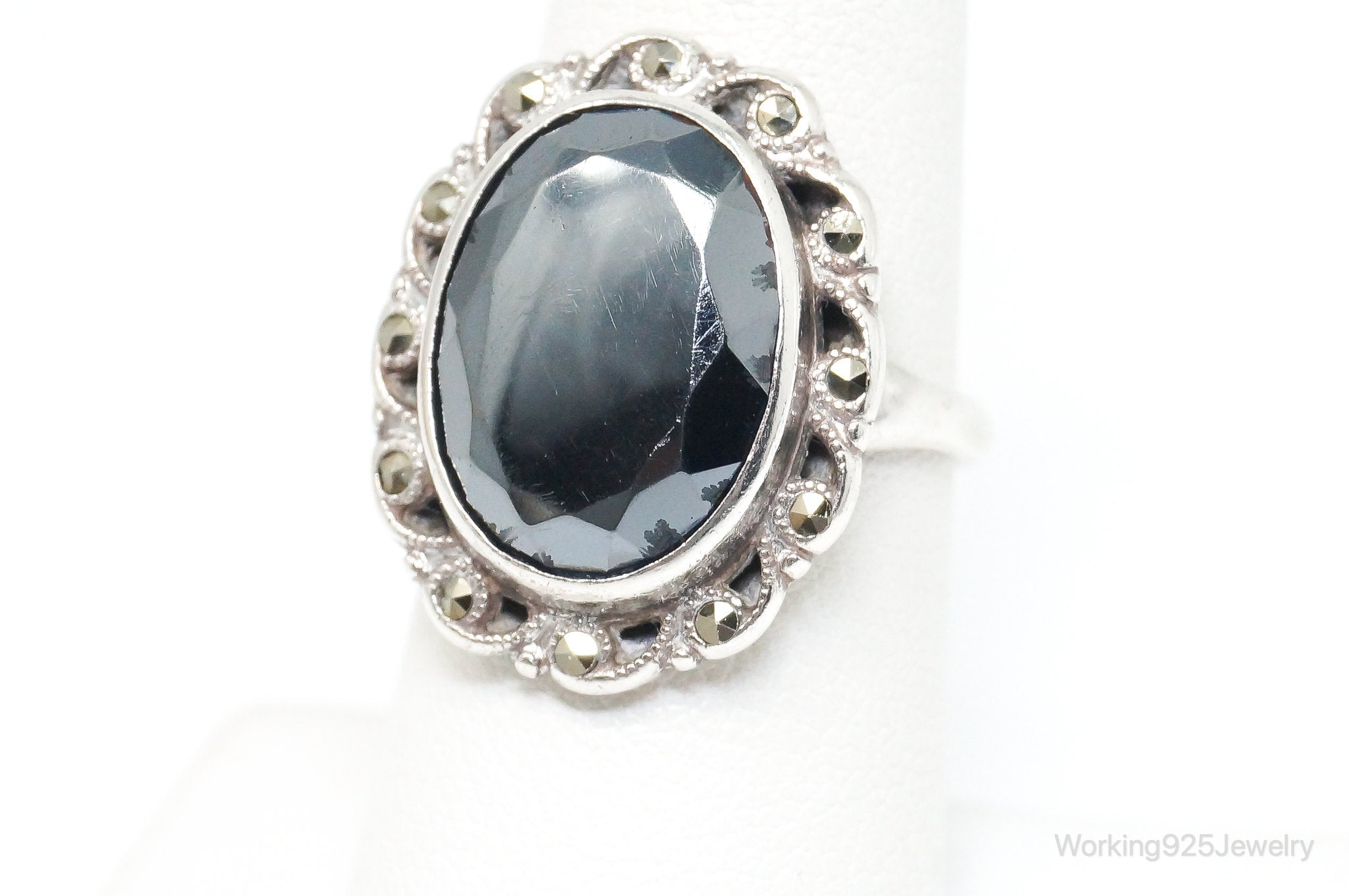 Antique Clark & Coombs Hematite Marcasite Sterling Silver Ring SZ 7.25