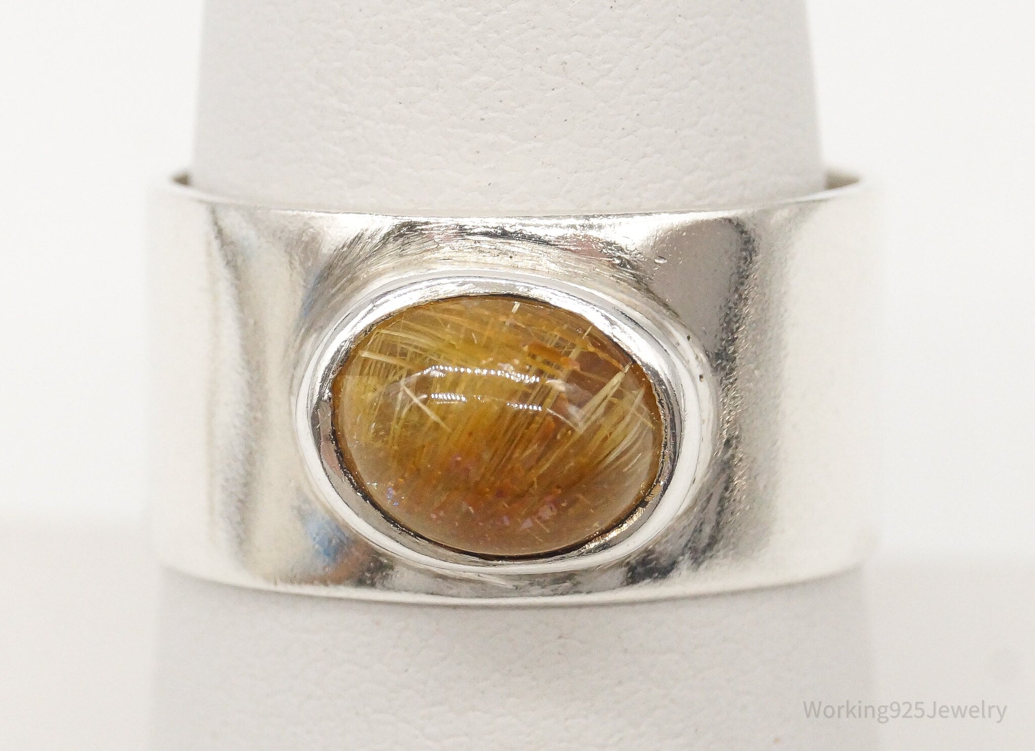 Vintage Golden Rutilated Quartz Silver Ring - Size 7.75