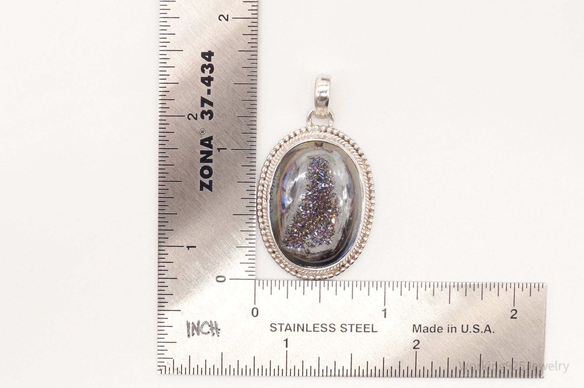 Vintage Large Druzy Quartz Sterling Silver Necklace Pendant