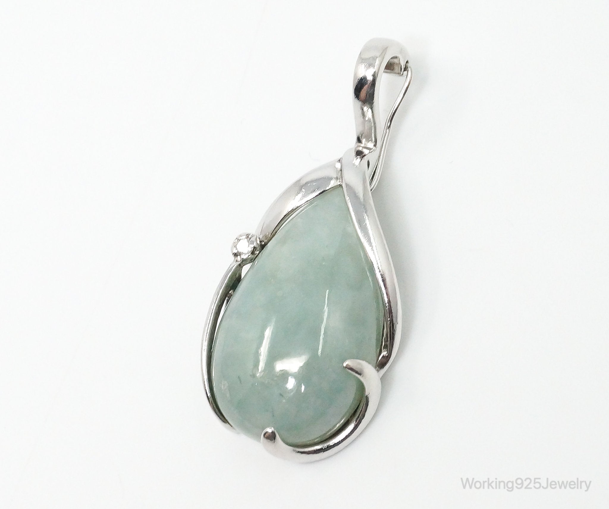 Designer EA Large Green Jade Diamond Sterling Silver Pendant