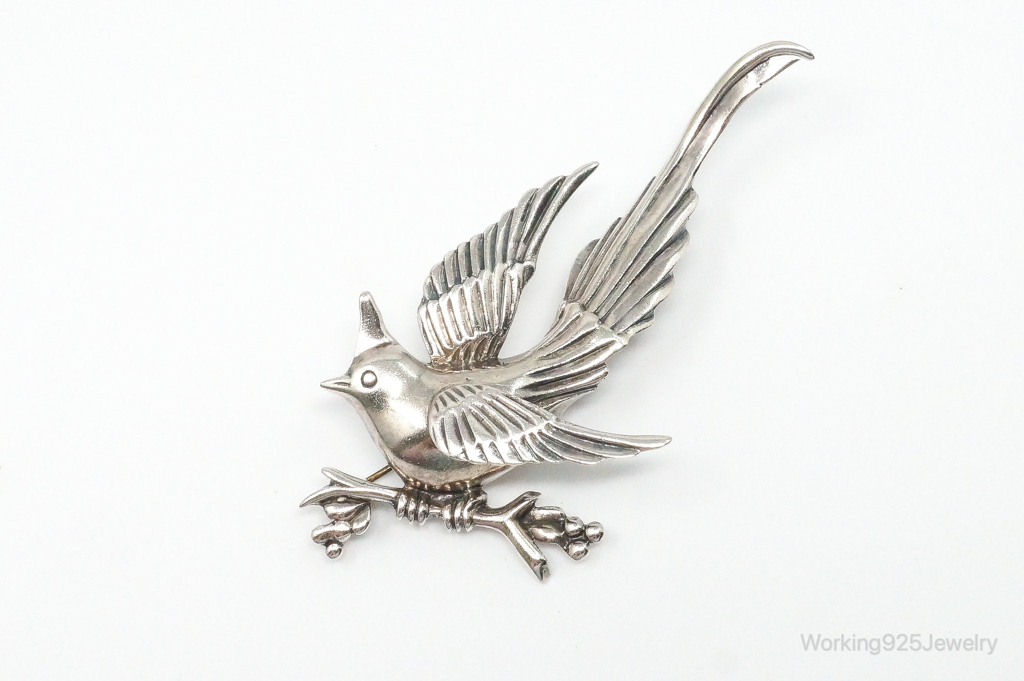 Large Heavy Vintage Mexico Perched Bird Silver Brooch Pin