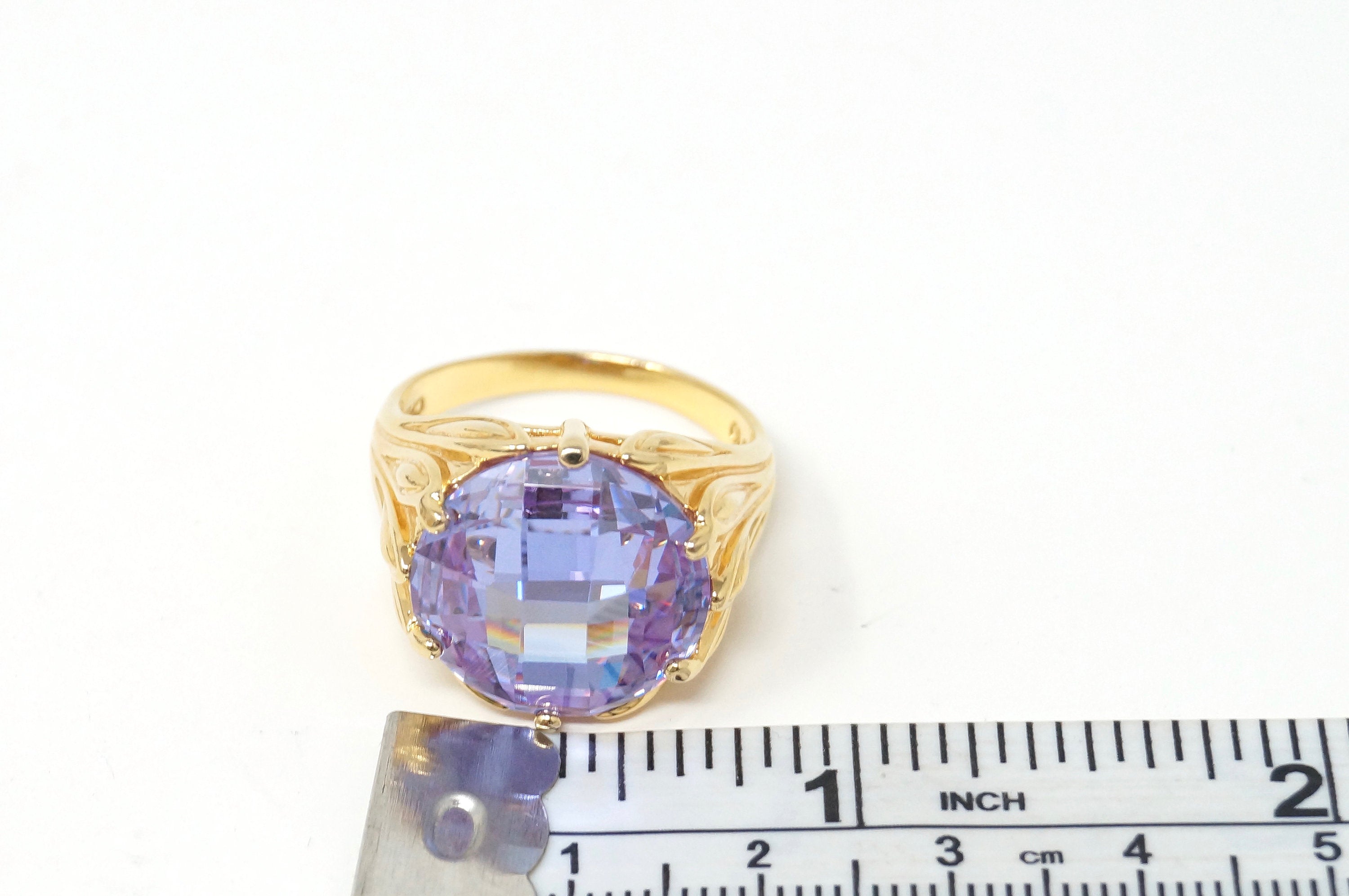 Vintage Art Deco Amethyst Purple CZ Gold Sterling Silver Statement Ring Size 10